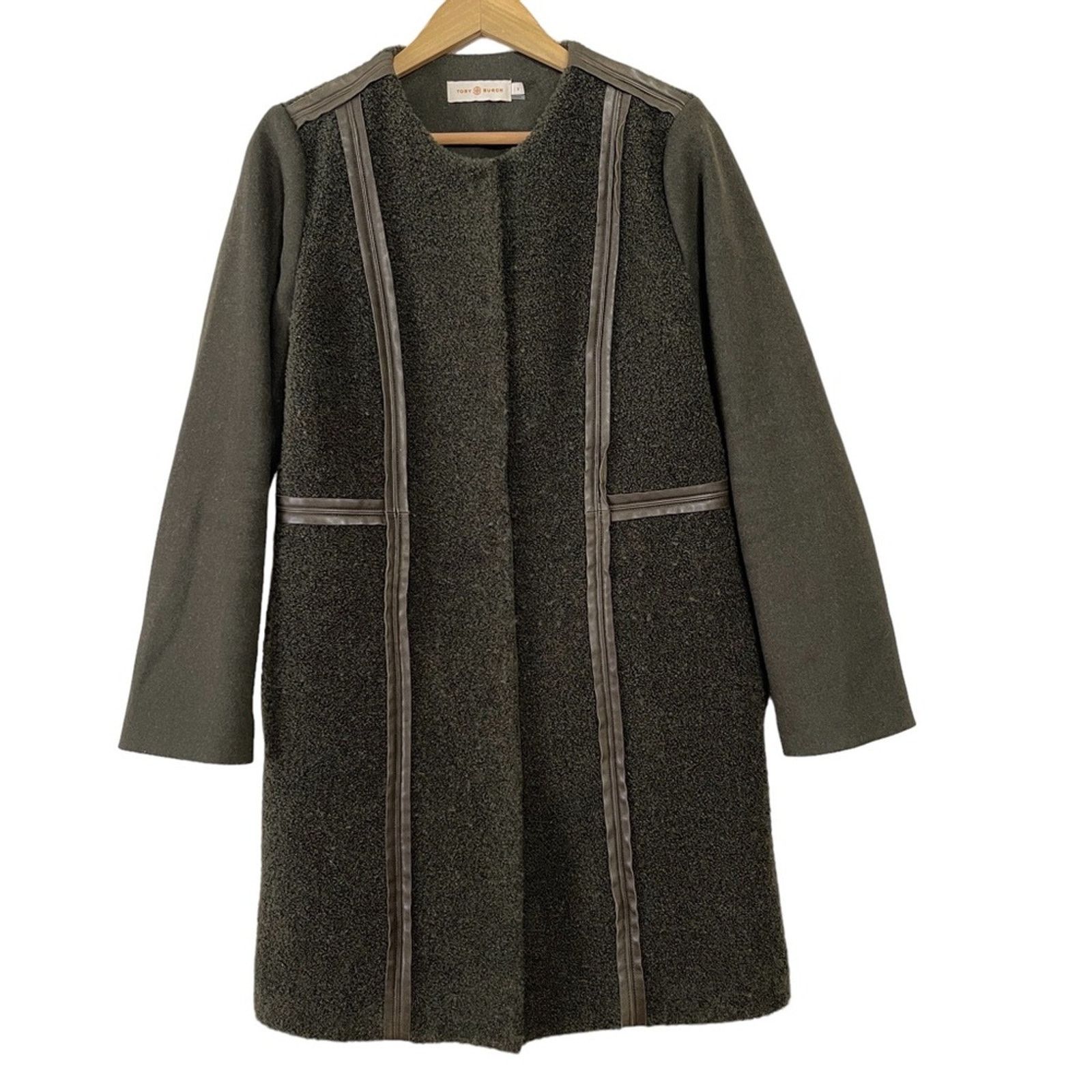 Tory Burch Tory Burch Heather Artichoke Melange Coat Leather Trim Wool Size L / US 10 / IT 46 - 3 Thumbnail