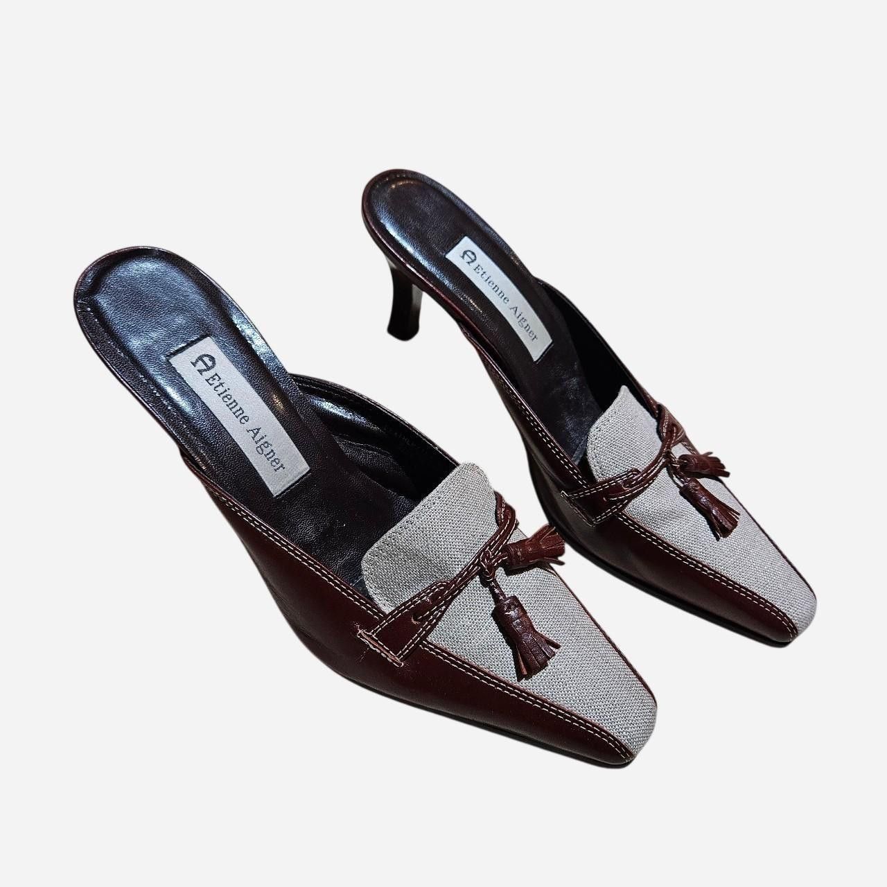 Etienne Aigner vintage cottagecore boho leather and canvas mule shoes Size US 7.5 / IT 37.5 - 1 Thumbnail