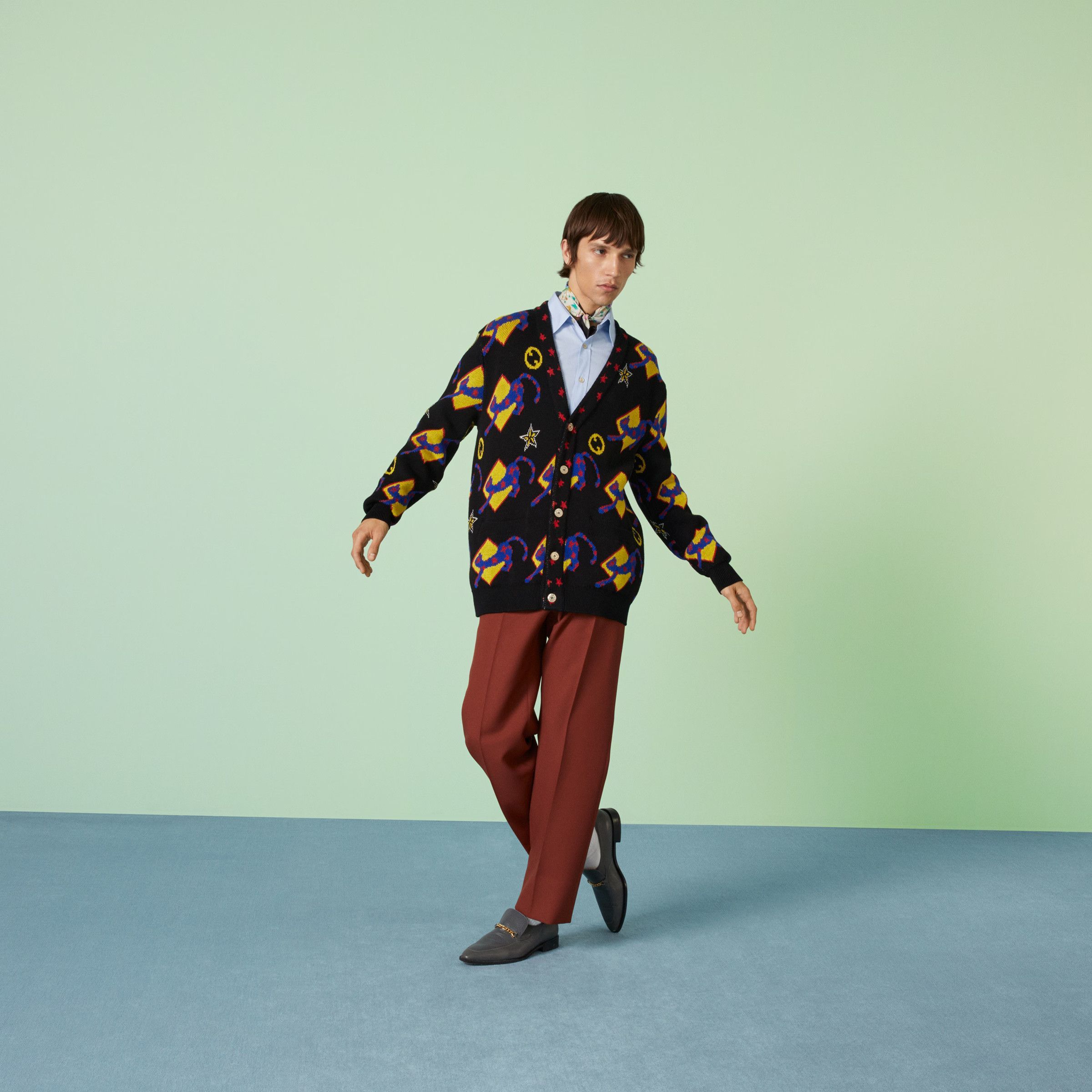 Gucci M Gucci GG Cat Graphic Logo Intarsia Cardigan Black Yellow Size US M / EU 48-50 / 2 - 5 Thumbnail
