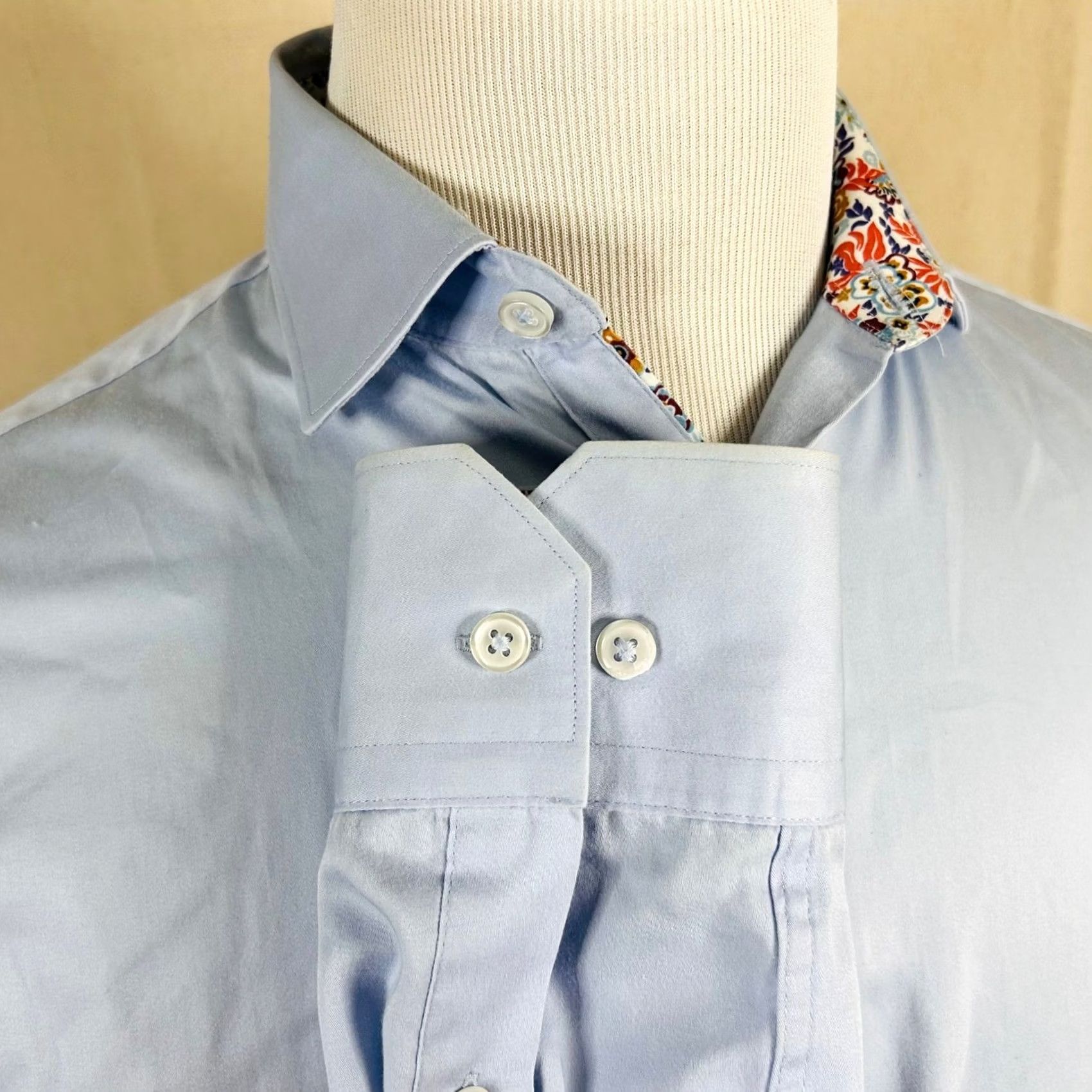 Vintage TM Lewin Dress Shirt Light Blue Floral 15.5 34.5 Slim 100% Cotton Barrel Cuff Mens Size 42R - 4 Thumbnail