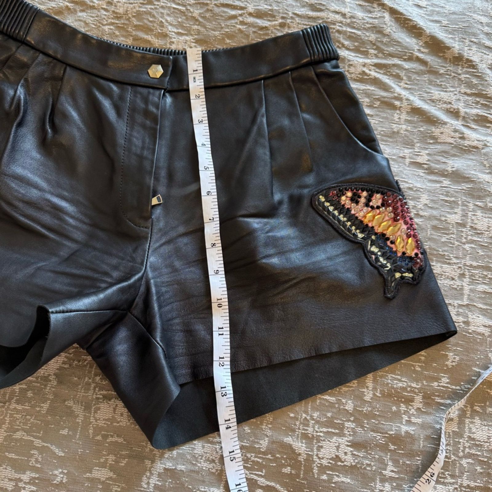 Philipp Plein PHILIP PLEIN Black Leather Shorts with Butterfly, Size S Size 26" / US 2 / IT 38 - 13 Thumbnail