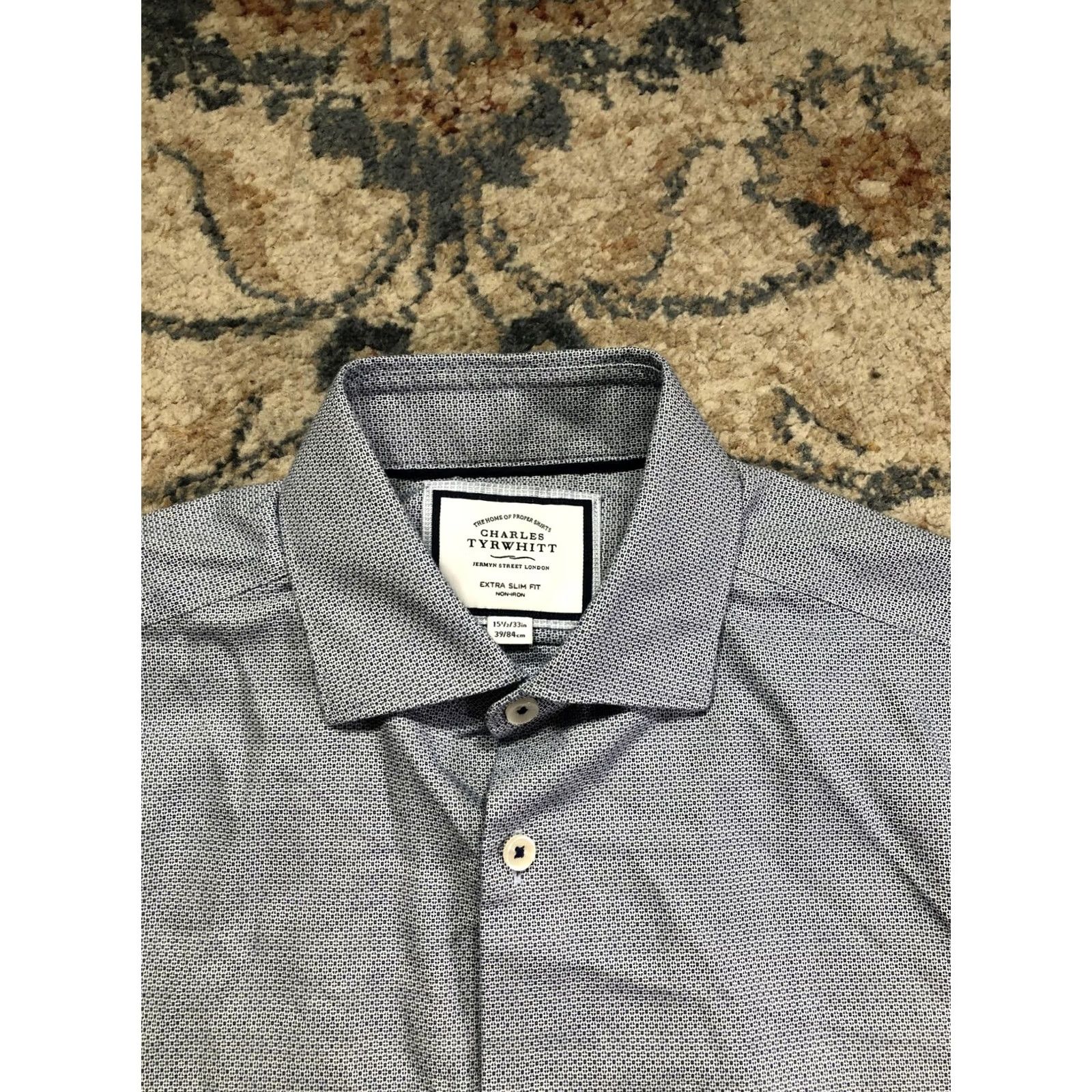 Charles Tyrwhitt Charles Tyrwhitt Dress Shirt Mens 15.5 32/33 Blue Geometric Extra Slim Non-Iron Shirt Men Size 42R - 2 Thumbnail