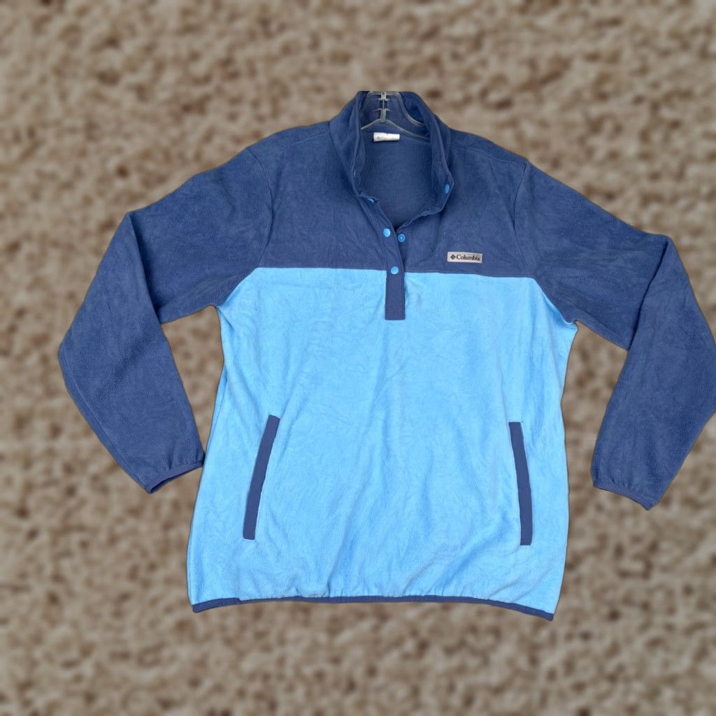 Vintage Columbia Sweater Womens XL Blue Button Mock Neck Fleece Polyester Pullover Raglan Sleeve Casual Outdoor - Hooded, Logo, Zipper, Button Size XL / US 12-14 / IT 48-50 - 1 Thumbnail