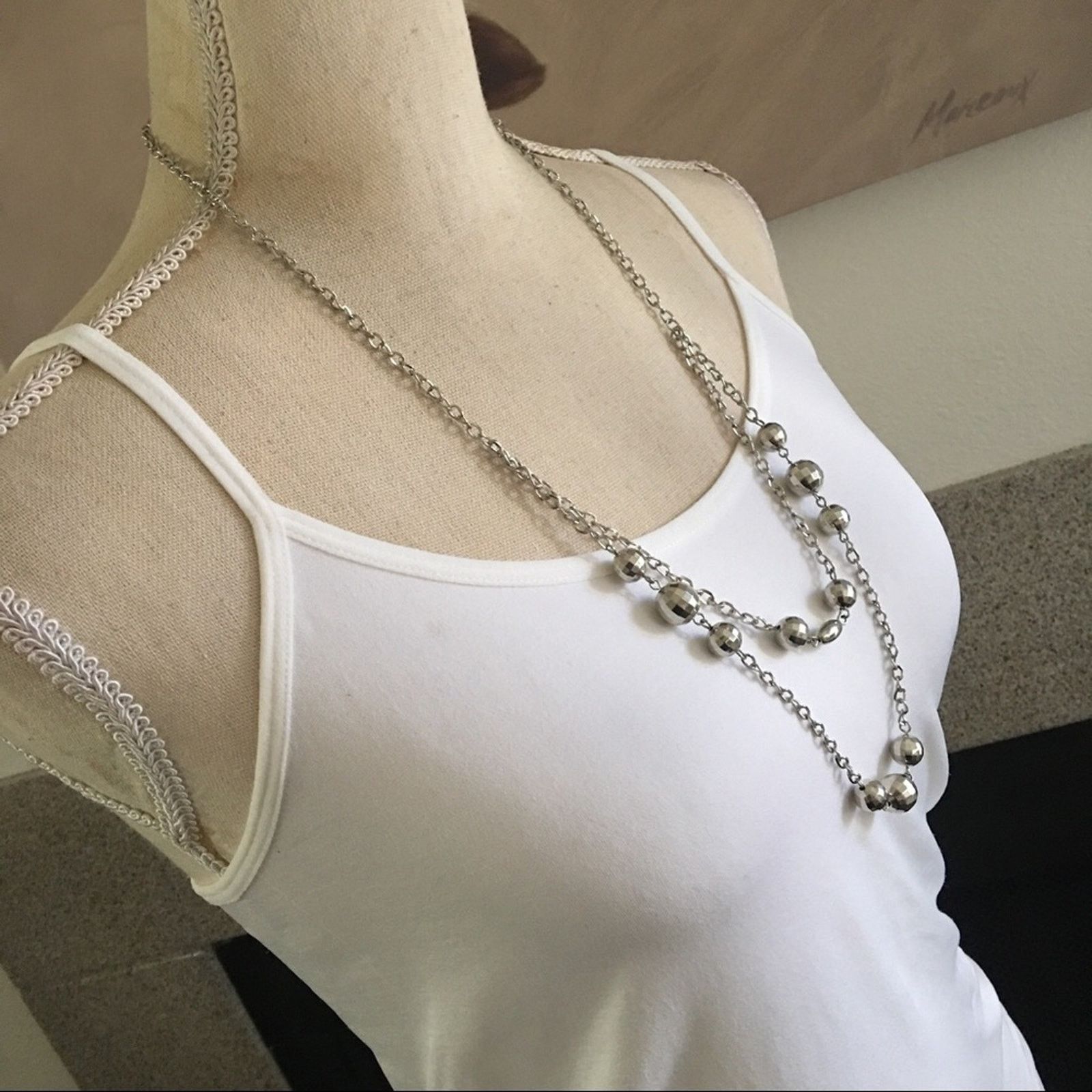 Jewelry Double strand layered faceted silver beaded chain necklace Size ONE SIZE - 2 Thumbnail