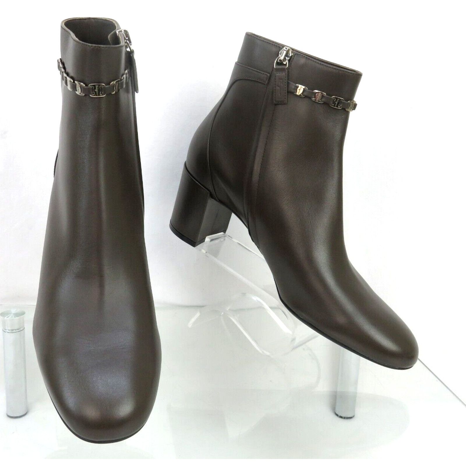 Salvatore Ferragamo NEW GHILA BROWN LEATHER GANCINI CHAIN ZIP ANKLE BOOTS 6.5 C Size US 6.5 / IT 36.5 - 8 Thumbnail