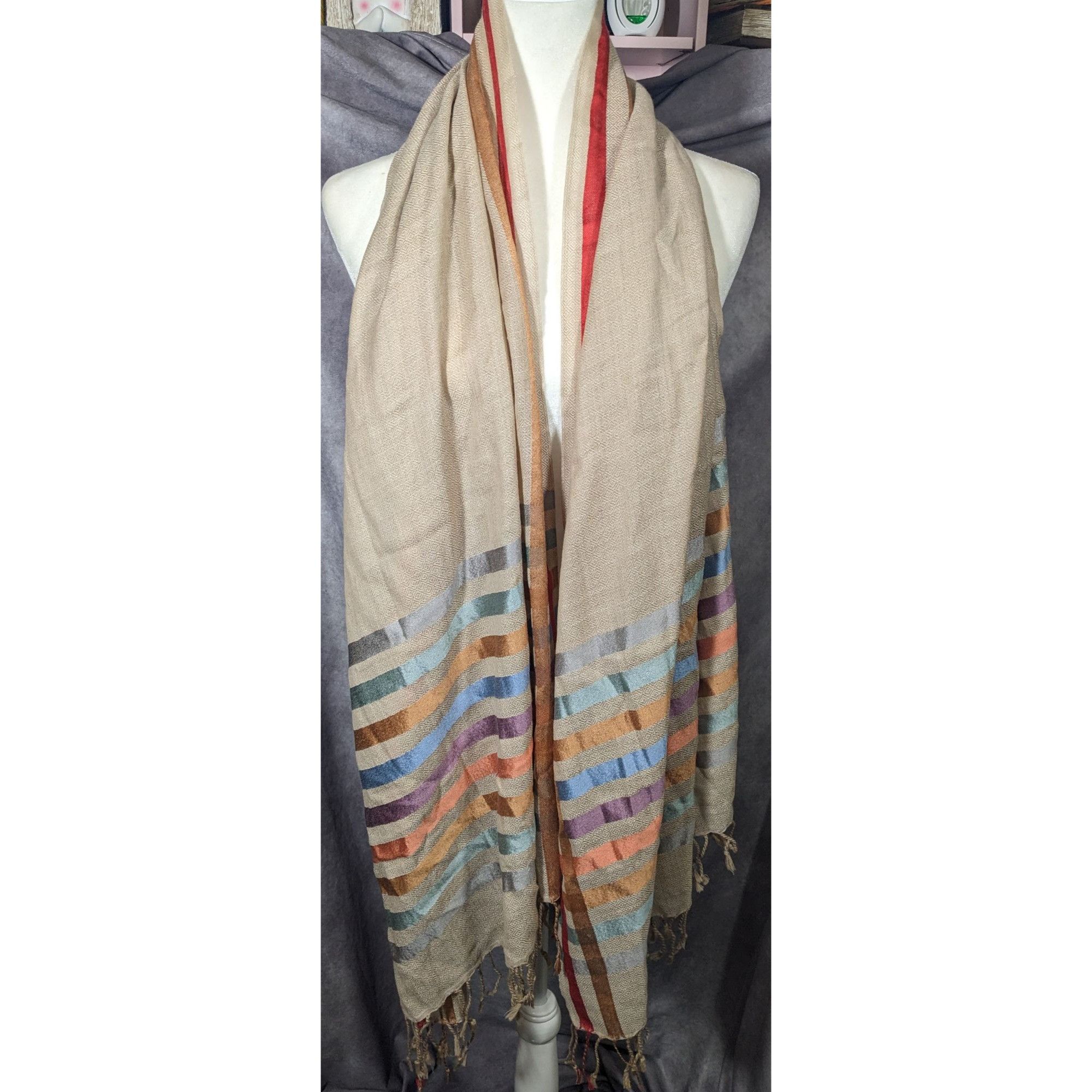 Other Vintage Cream Rainbow Stripe Accent Fringe Scarf Size ONE SIZE - 6 Thumbnail