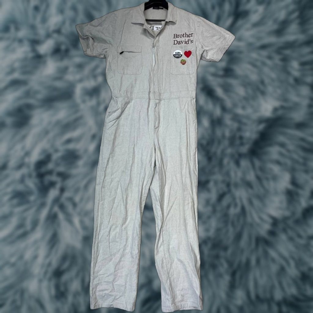 Vintage Hemp Zoo Jumpsuit Women Large White Hemp Blend Short Sleeve Cap Sleeve V-Neck Button Pockets Tapered Leg One-Piece Casual Wear Size 36" / US 14 / IT 50 - 1 Thumbnail