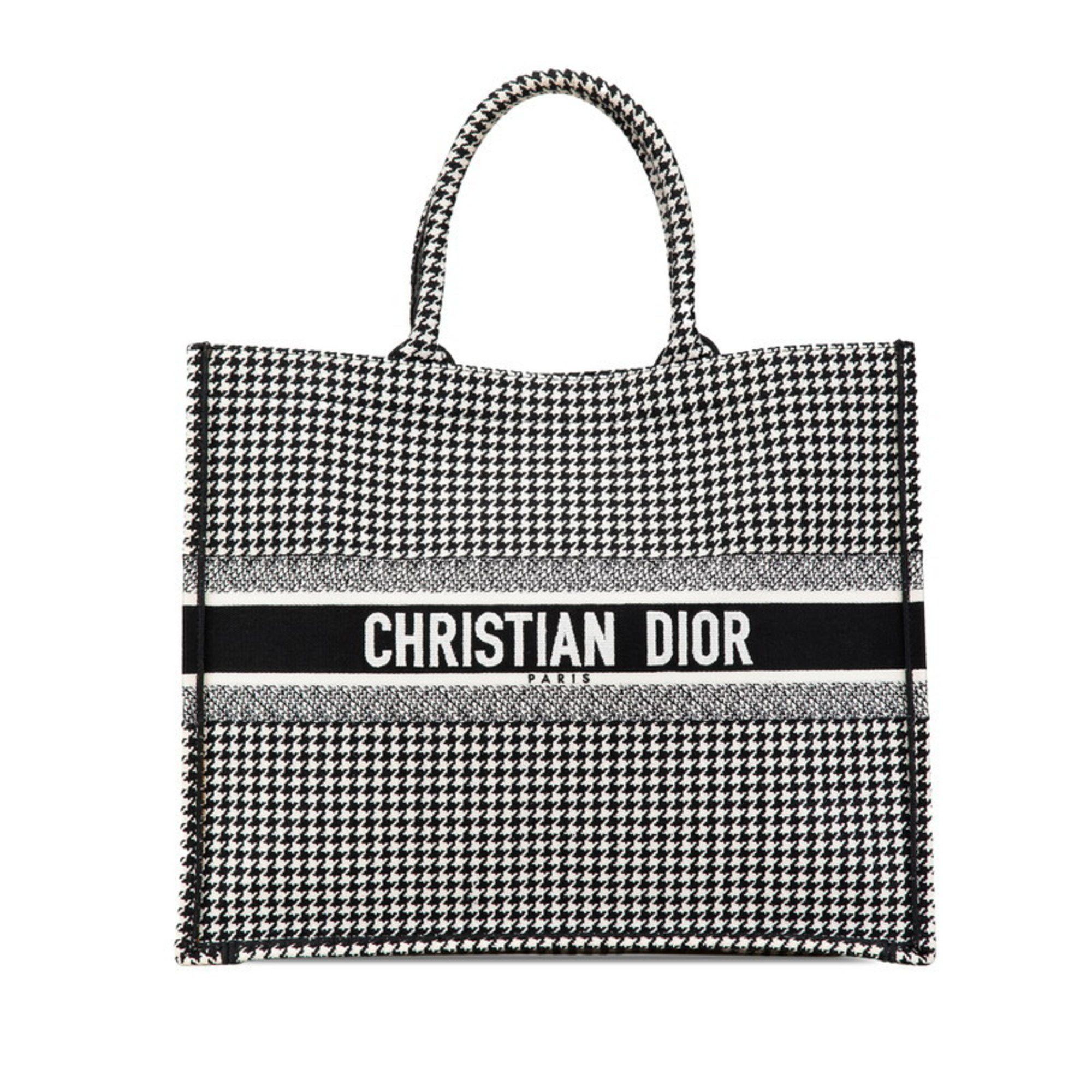 Christian Dior Dior Houndstooth Embroidered Book Tote Large Bag Black White Canvas Women's