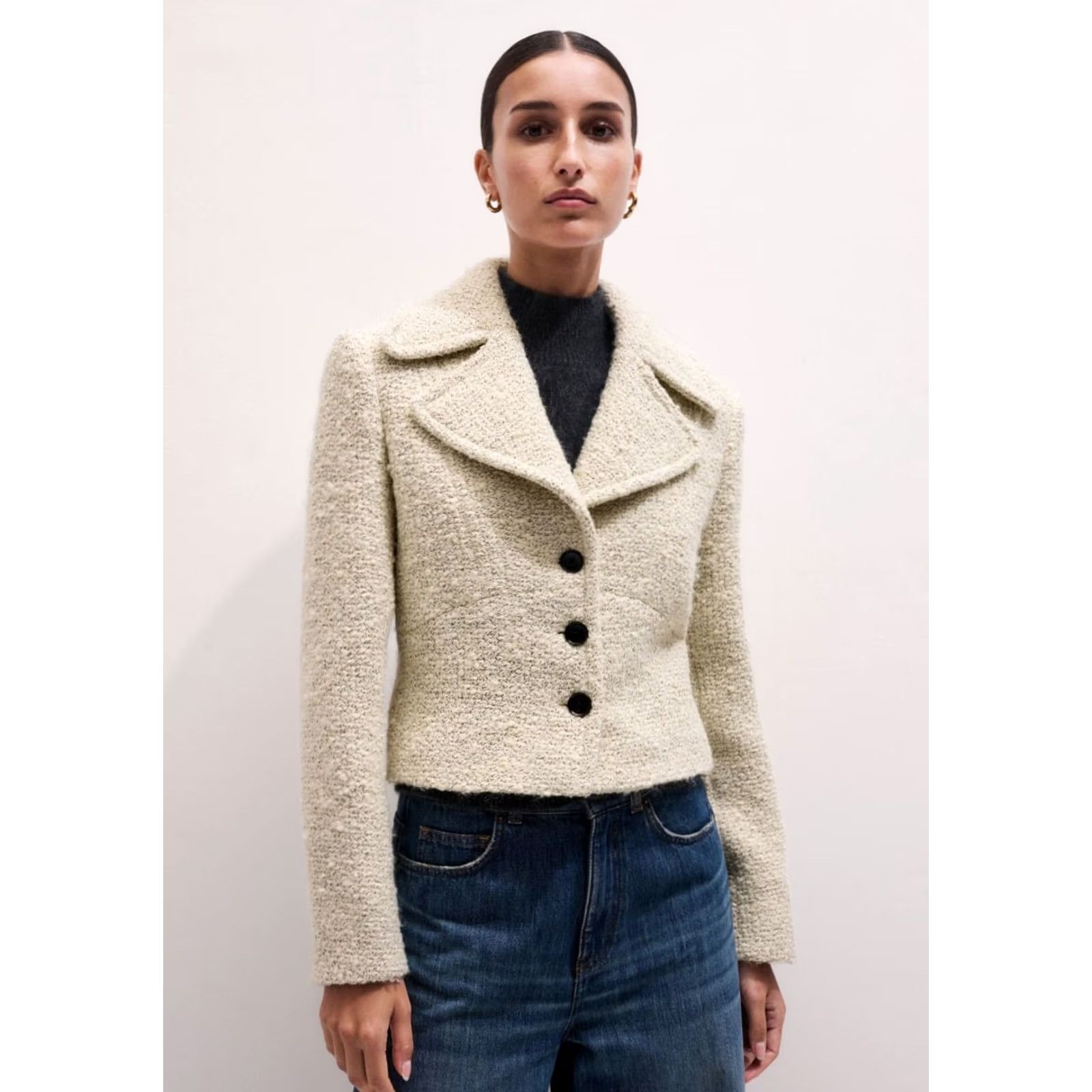 ME+EM Me+Em Meanden Design Italian Tweed Slim Crop Blazer Button Jacket White Wool Blend XL Womens Size XL / US 12-14 / IT 48-50 - 3 Thumbnail