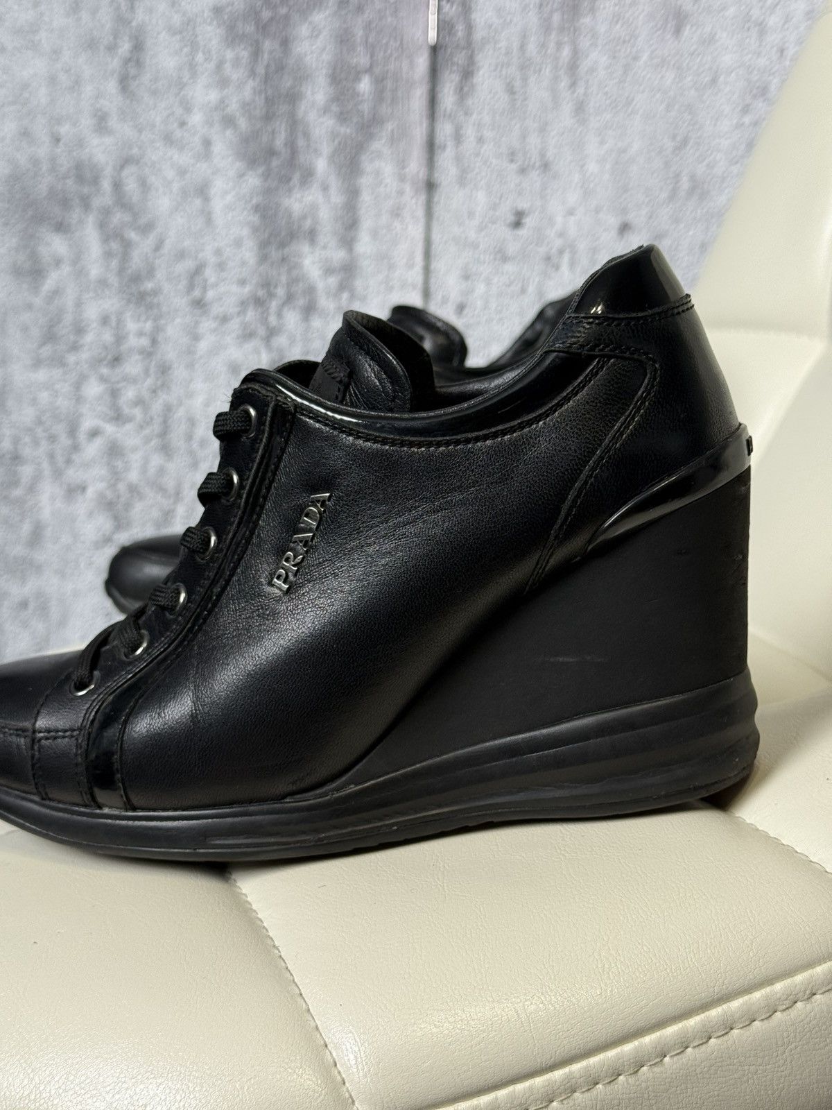 Prada PRADA Wedge Sneakers Black Leather Womens Platform Shoes Size US 6.5 / IT 36.5 - 4 Thumbnail