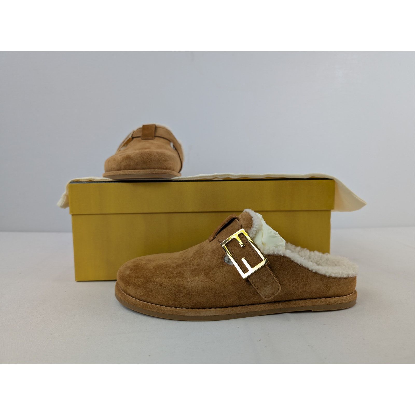 Fendi o1rshd1 Leather Feel Suede Shearling Slippers Caramel Brown Size US 8 / IT 38 - 20 Thumbnail
