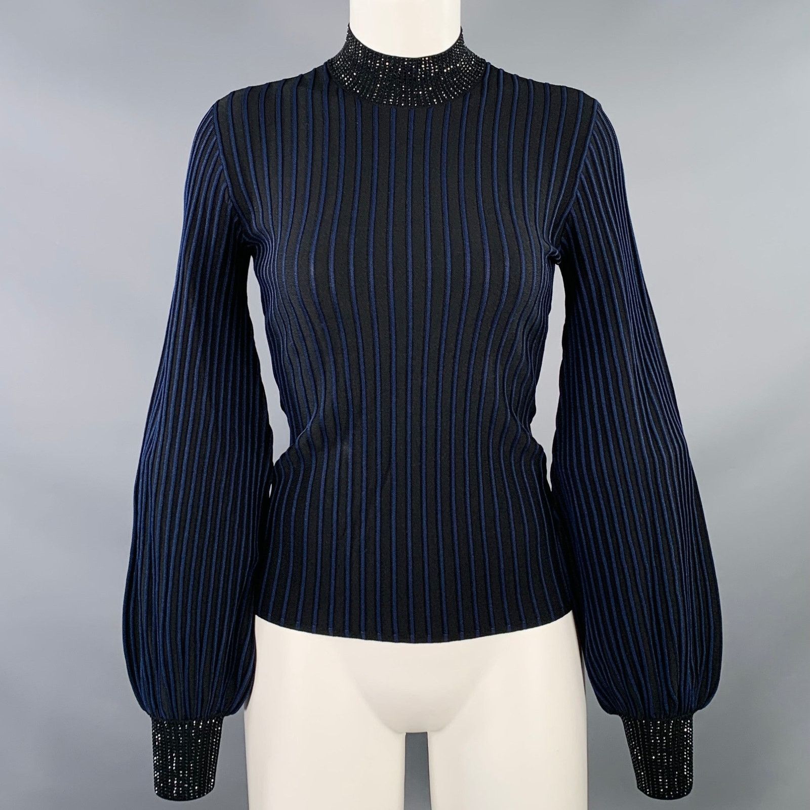 Emporio Armani Size S Black Navy Viscose Blend Stripe Mock Neck Dress Top Size S / US 4 / IT 40 - 1 Thumbnail