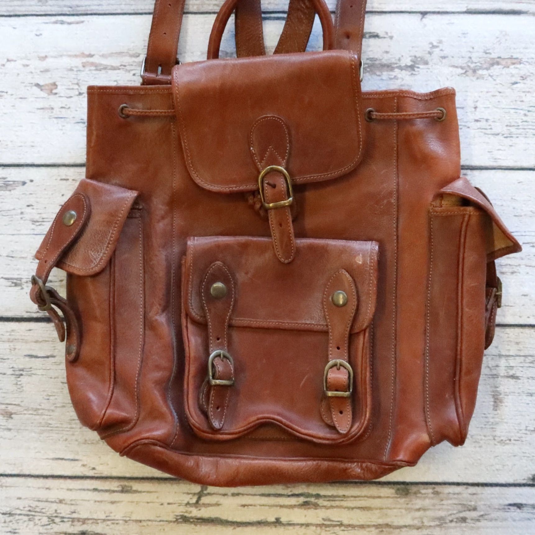 Vintage VINTAGE Leather Rucksack Backpack Men Brown 11 1/2" 16" - Size: See measurement Plaid Lining Back to Vintage Leather Rucksack Backpack Size ONE SIZE - 3 Thumbnail