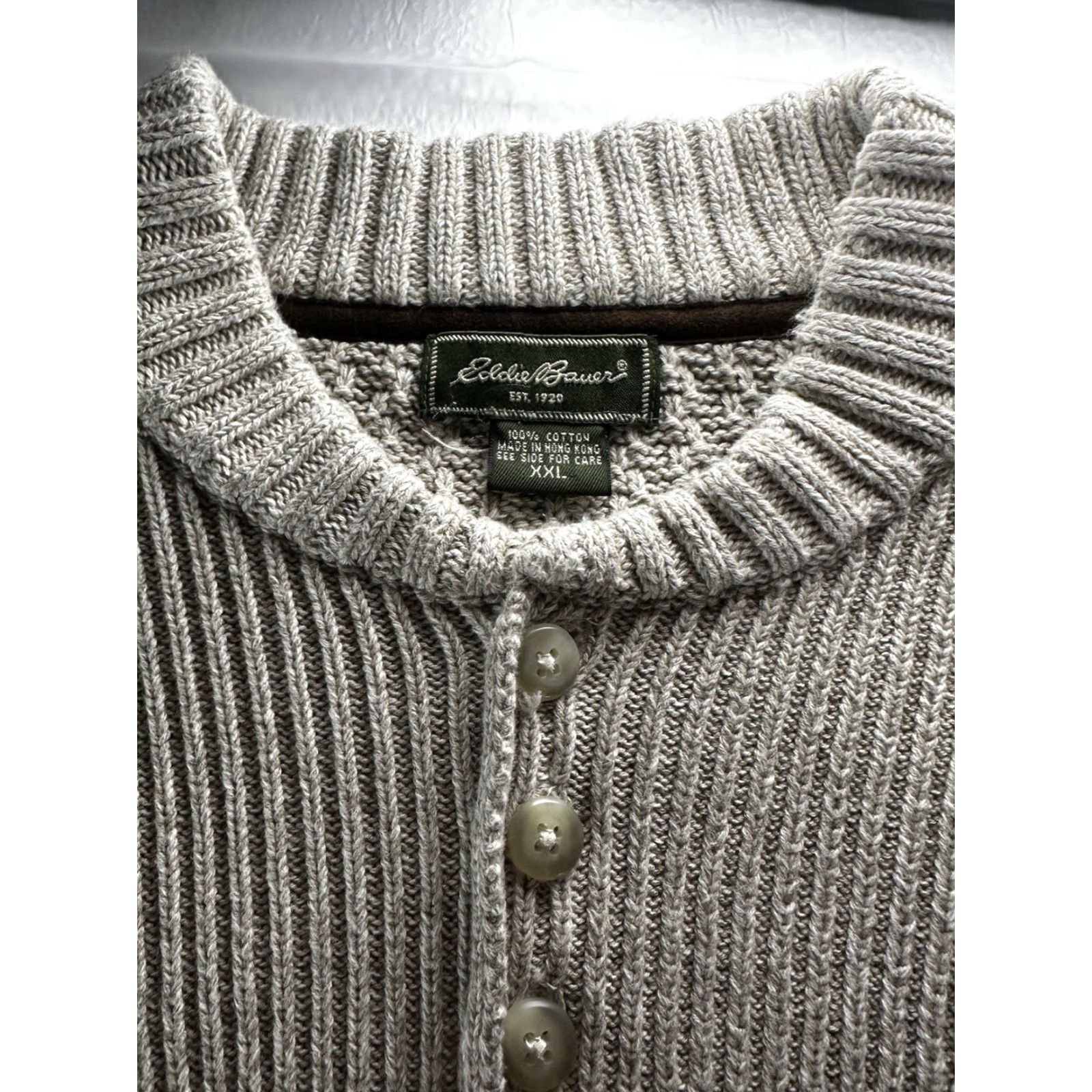 Eddie Bauer VTG Eddie Bauer Ribbed Henley Sweater Mens 2XL Beige Mock Neck Long Sleeve Cable-Knit 90s Vintage Debris: None Size US XXL / EU 58 / 5 - 5 Thumbnail