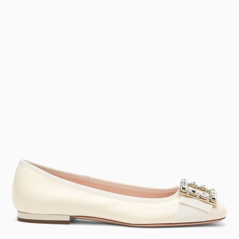 image of Roger Vivier White Leather Ballerina With Rhinestone Buckle Shoes in Beige, Women's (Size 8)
