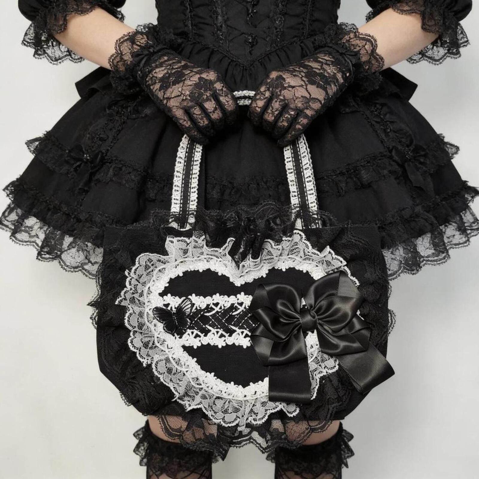 Other Black & White Lace Heart Lolita Tote Bag | Gothic Handbag Size ONE SIZE - 1 Thumbnail