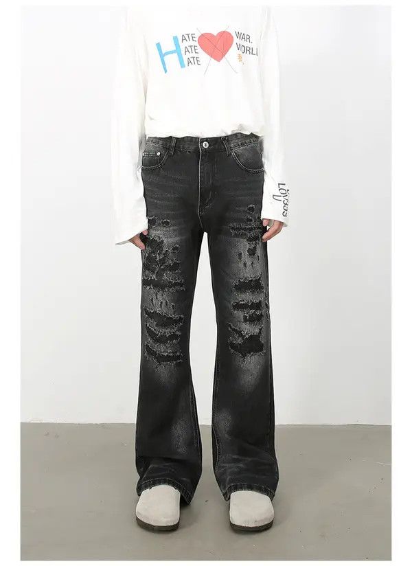Japanese Brand High street retro loose flared ripped jeans for men Size US 32 / EU 48 - 1 Thumbnail