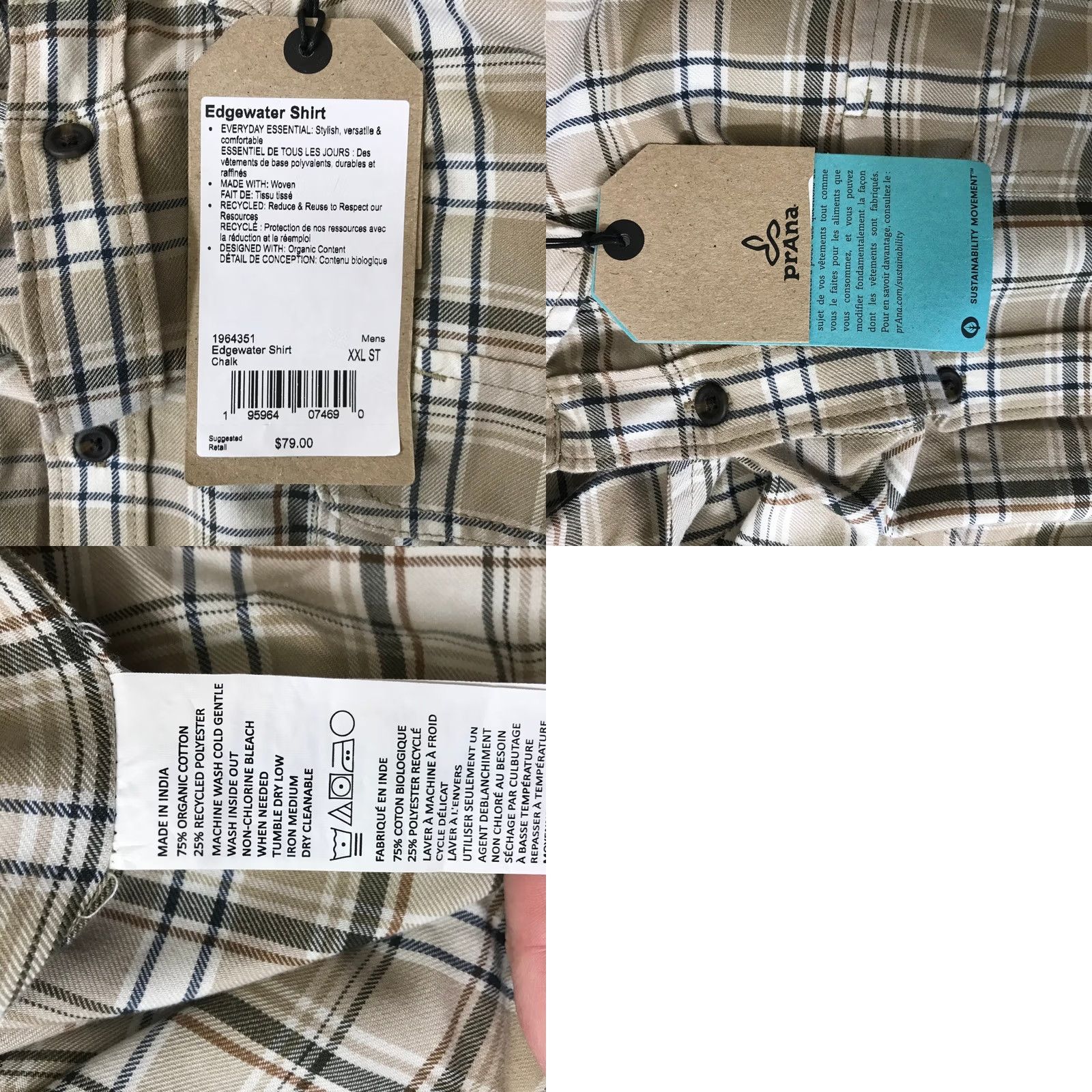 Prana prAna Edgewater Shirt Mens XXL Chalk Tan Plaid Long Sleeve Button Up Size US XXL / EU 58 / 5 - 8 Thumbnail