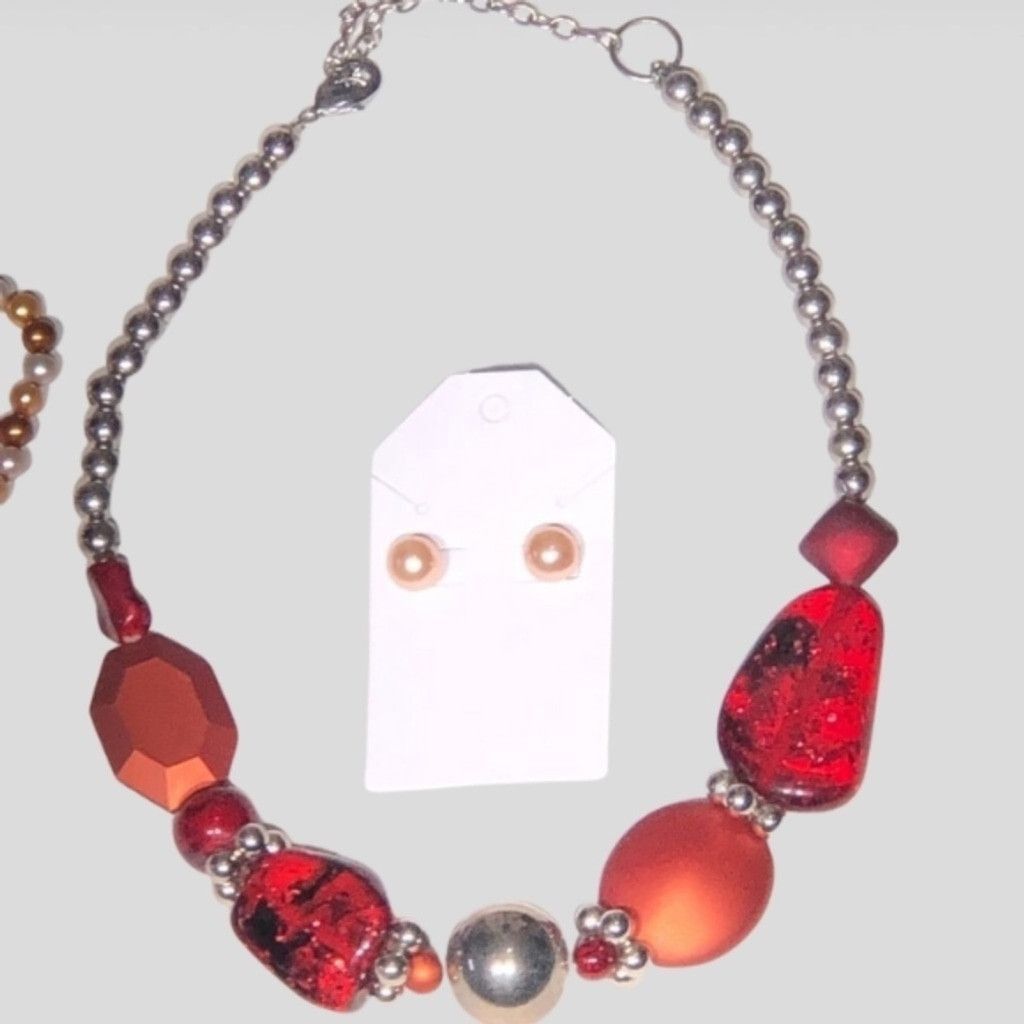 Vintage Necklace Bracelets Earrings Jewelry Set Beaded Pearl Red Size ONE SIZE - 3 Thumbnail