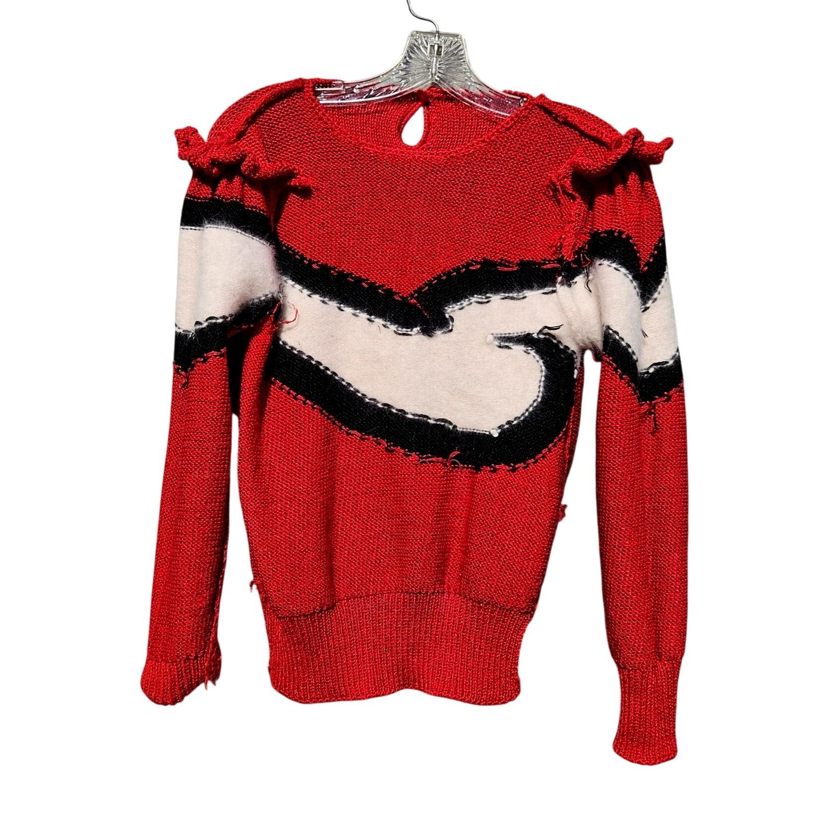 Vintage Vintage 80s Red Black Ivory Wave Knit Puff Shoulder Sweater Size S / US 4 / IT 40 - 7 Thumbnail