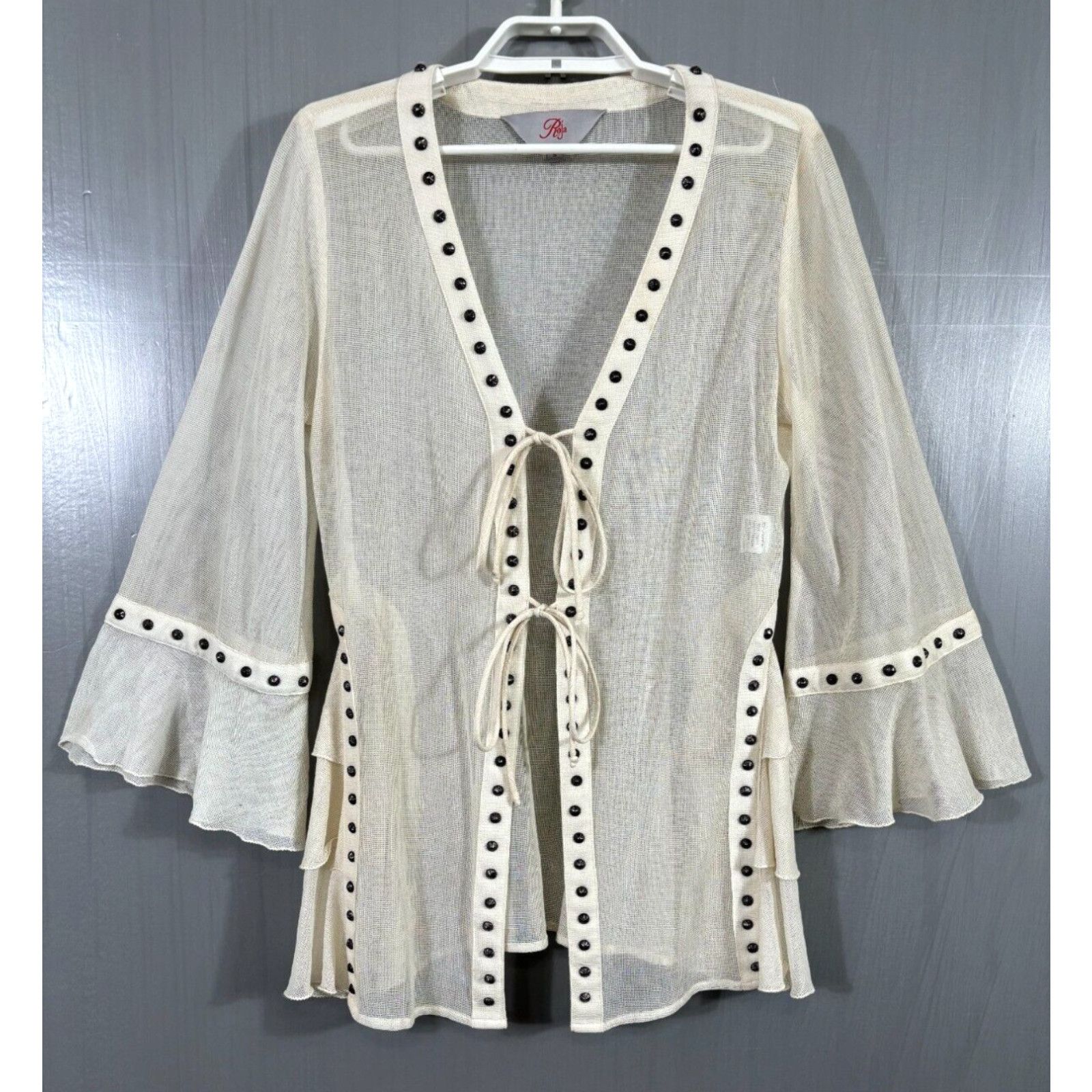 image of Vintage Roja Cardigan Womens Small Ivory Metal Accents Tie Front Cotton Sheer in White