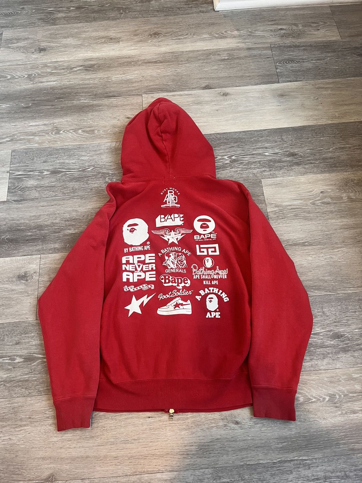 image of Bape x Nigo Multi Logo Full Zip Hoodie in Red, Men's (Size Medium)