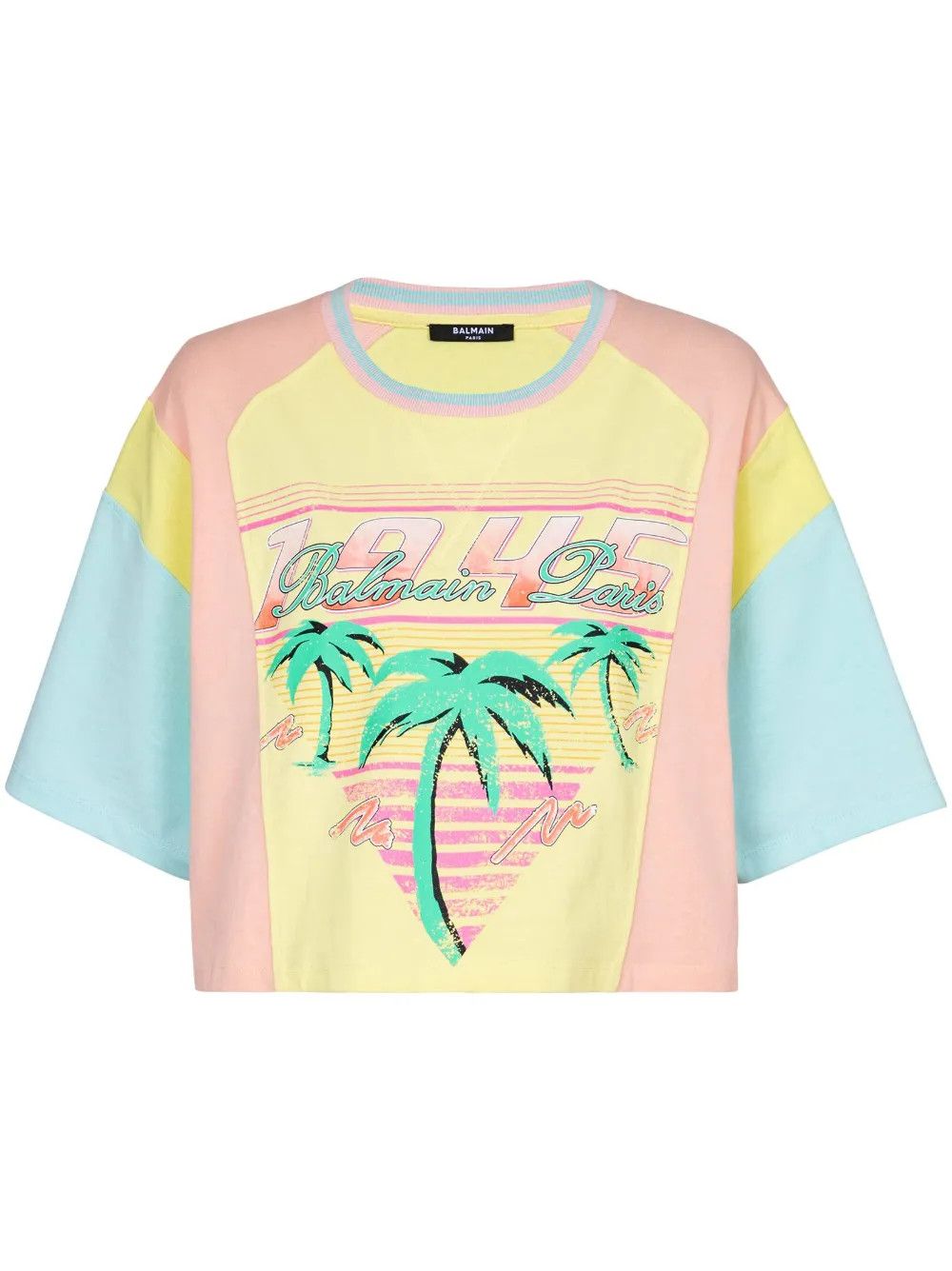 Balmain o1s1wg110725 Palm Tree Print Cropped T-Shirt in Multicolor Size L / US 10 / IT 46 - 1 Thumbnail