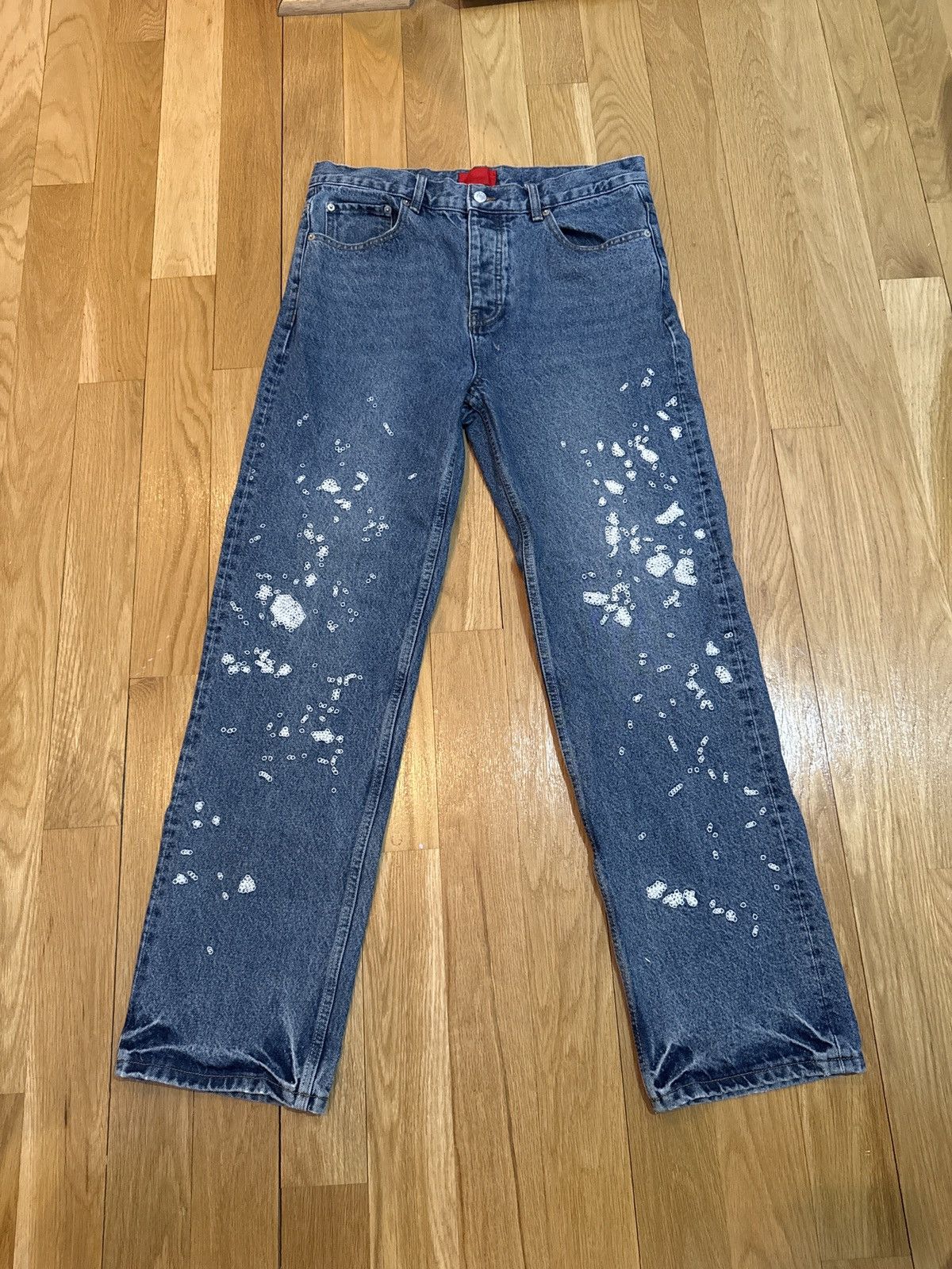 Fugazi Fugazi Chain Splatter Stitched Denim Jeans Size US 33 - 1 Thumbnail