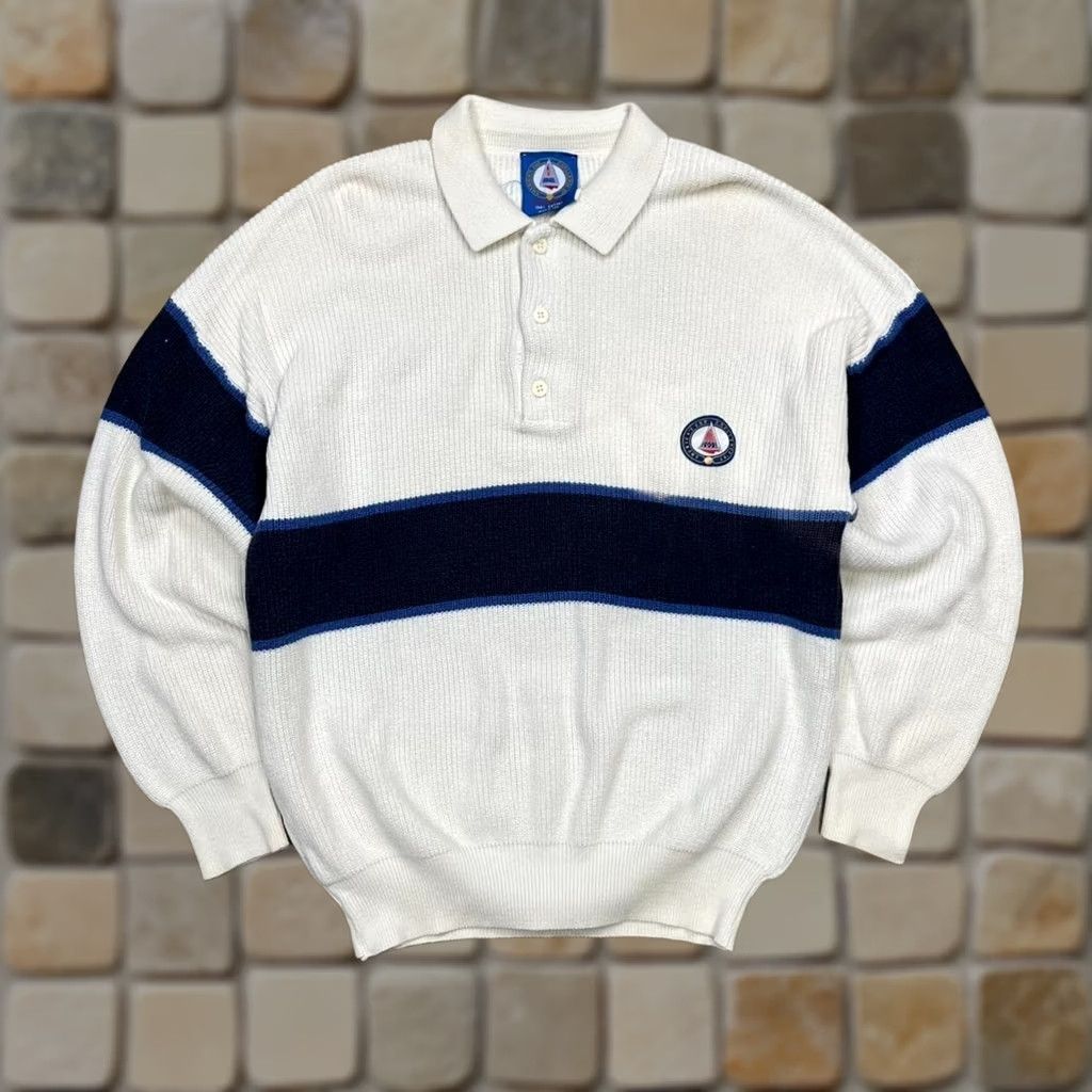 Vintage Demetre Sweater Mens Large White Blue Stripe Cotton Long Sleeve Pullover Knit 1987 Americas Cup Polo, Men's