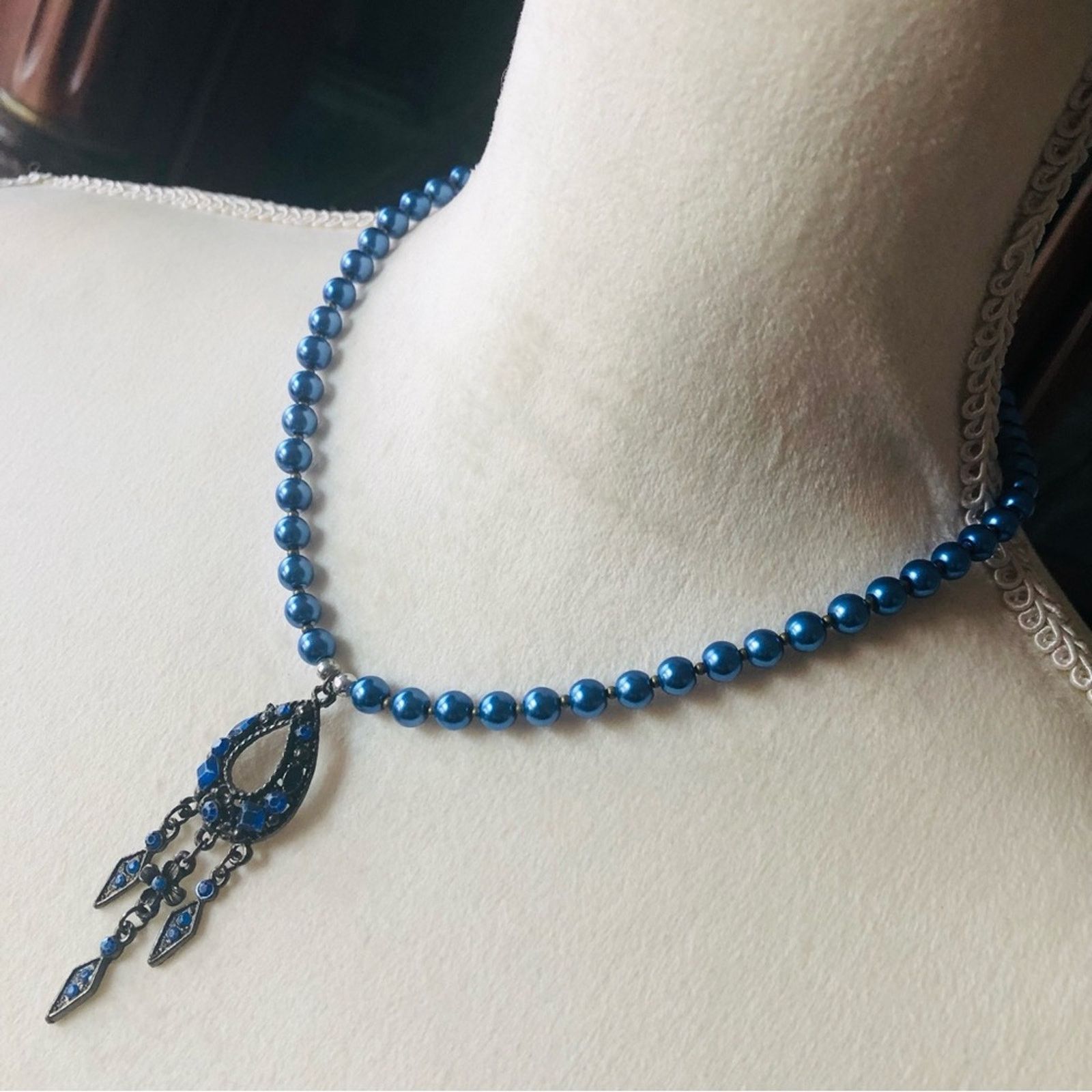 Handmade Handcrafted repurpose blue stone fringe Pearl necklace Size ONE SIZE - 5 Thumbnail