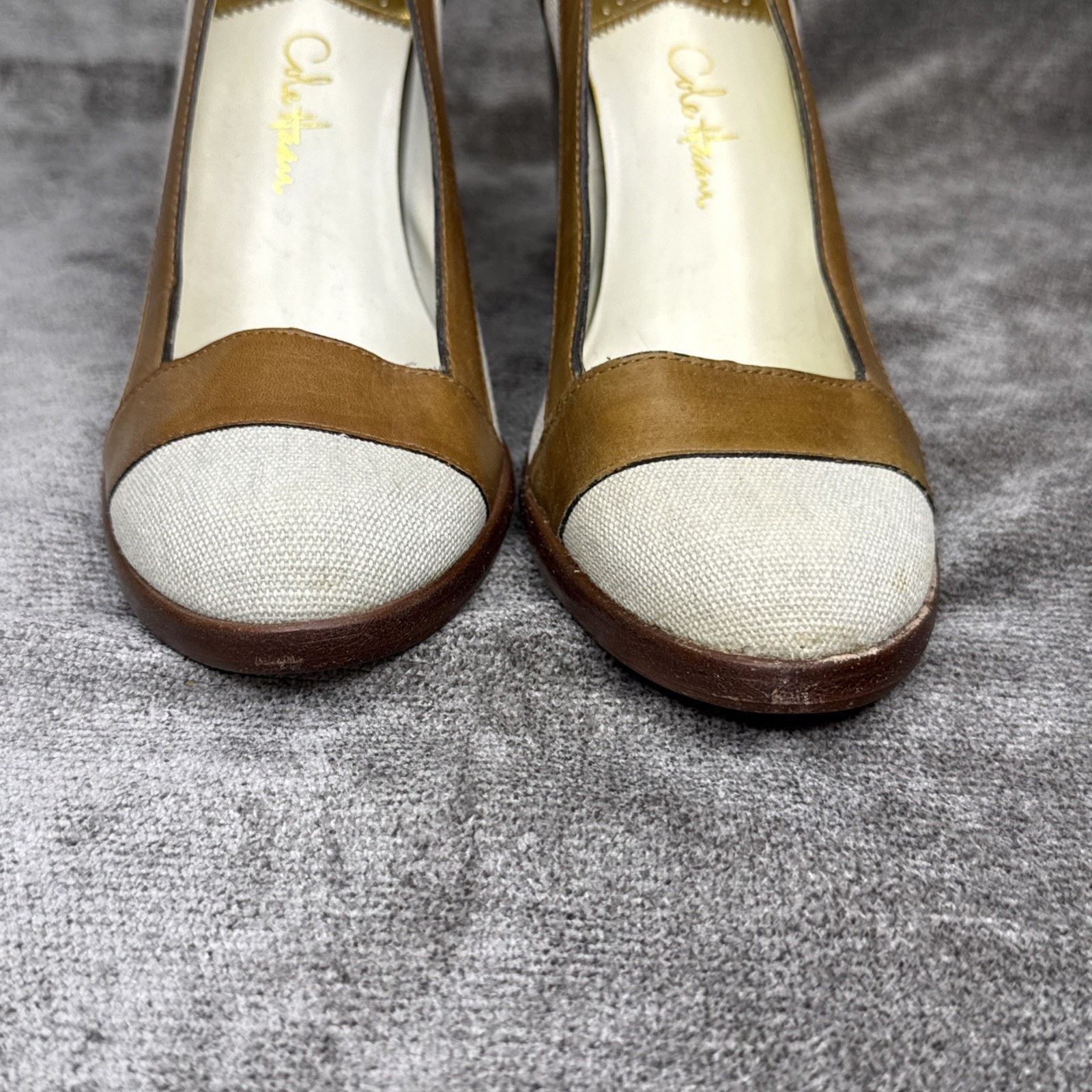 Cole Haan Cole Haan Canvas Ivory Tan Leather Block Heel Pumps 6.5B Size US 6.5 / IT 36.5 - 4 Thumbnail