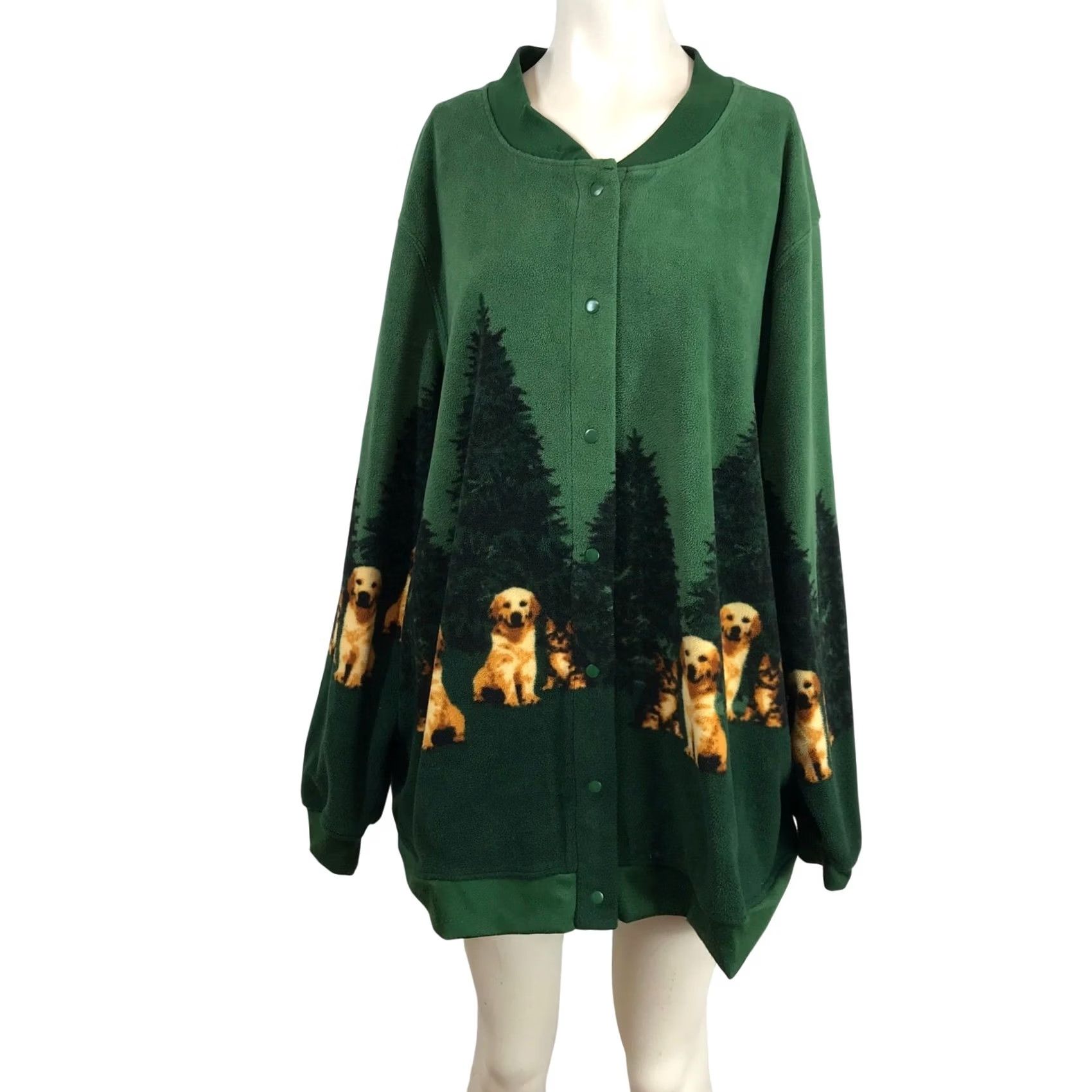 Blair Blair Green Fleece Jacket Womens 3XL Snap Front Dogs Pine Trees Cardigan Coat Winter Fall Casual Plus Size Green Size XXL / US 16-18 / IT 52-54 - 2 Thumbnail