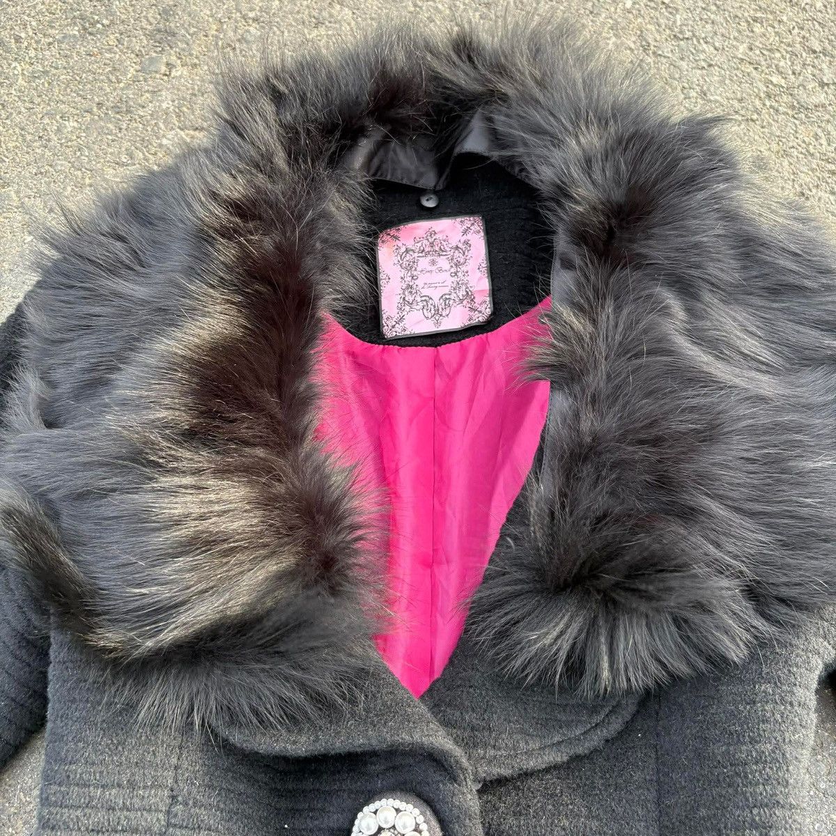 Japanese Brand Honey Bunch Black Wool Coat with Faux Fur Collar Y2K Size S / US 4 / IT 40 - 12 Thumbnail