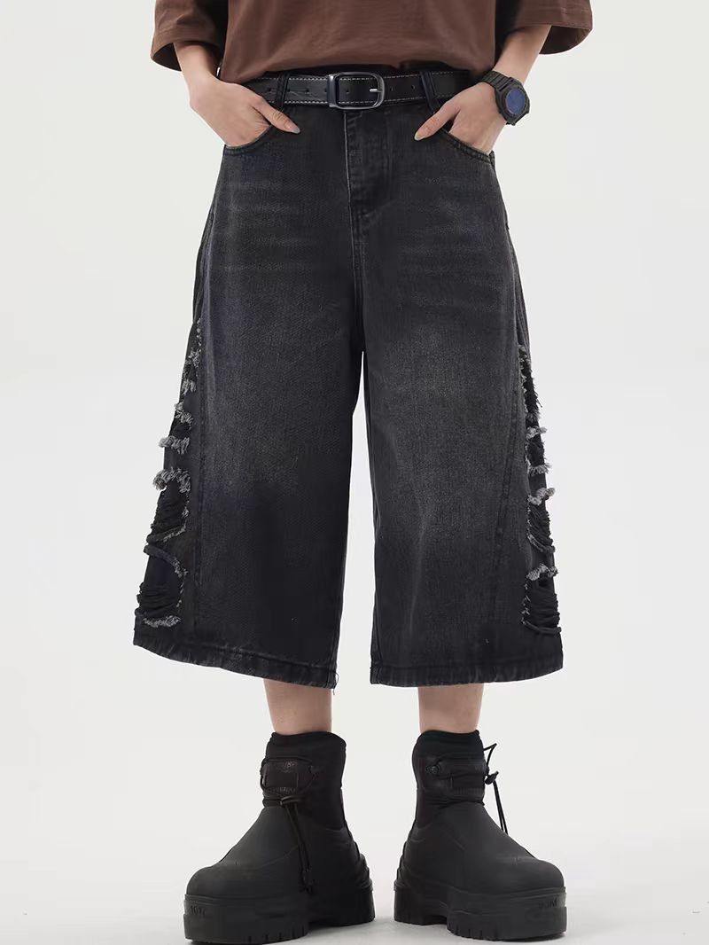 Japanese Brand × Vintage Washed and distressed baggy denim shorts Size US 33 - 1 Thumbnail