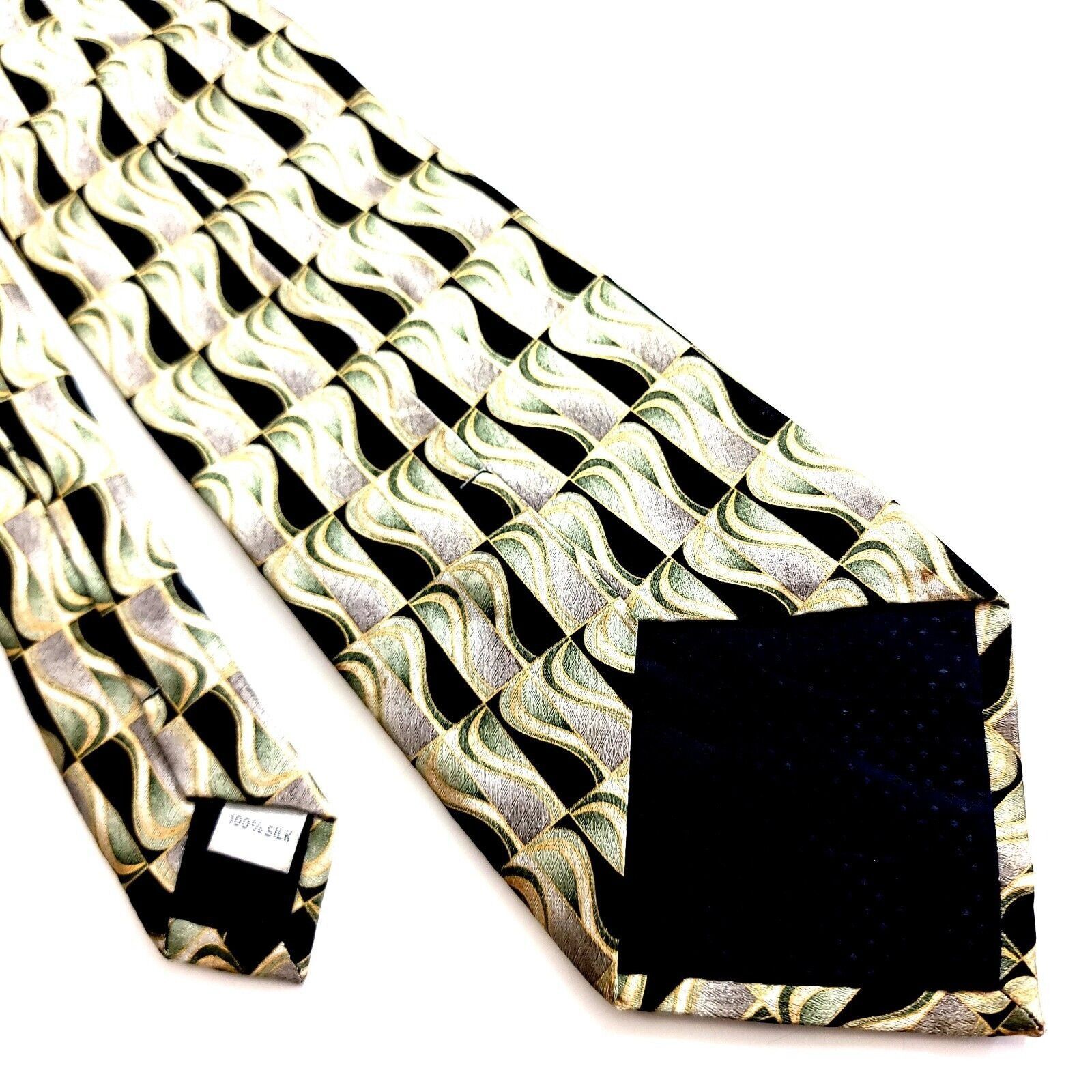 Designer Unbranded Black Tan Green Abstract Print Geometric Wide Silk Size ONE SIZE - 4 Thumbnail