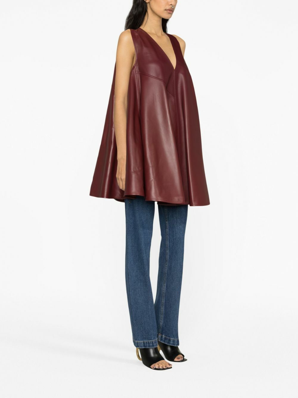 Bottega Veneta o1y0725 Leather V-neck Mini Dress in Burgundy Size XS / US 0-2 / IT 36-38 - 3 Thumbnail