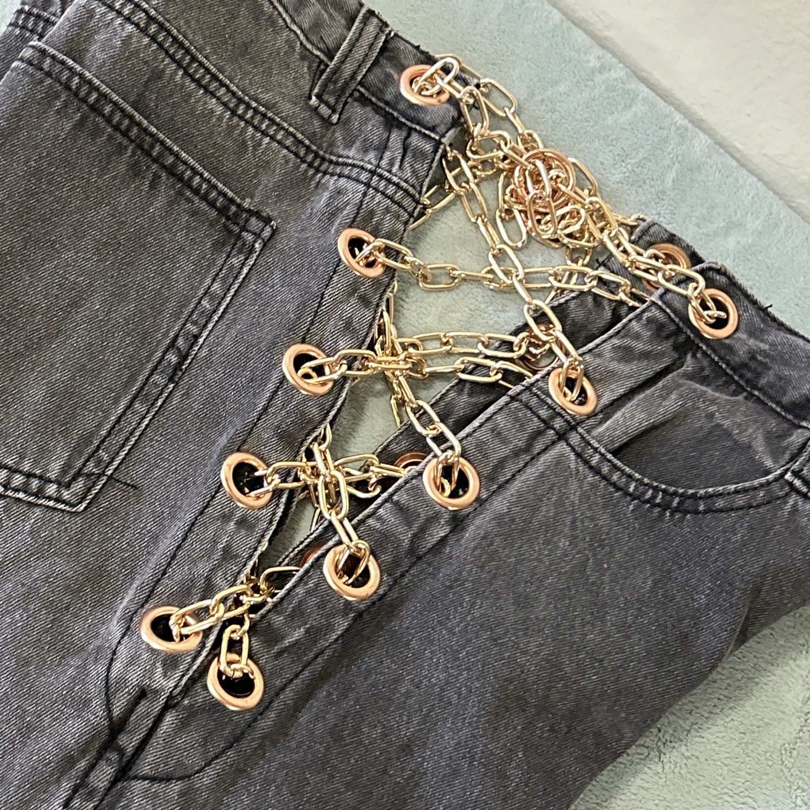 Fashion Nova Gothic Chain Tie Jean Women 7 30x33 Straight Adjustable Gold Size 30" / US 8 / IT 44 - 2 Thumbnail