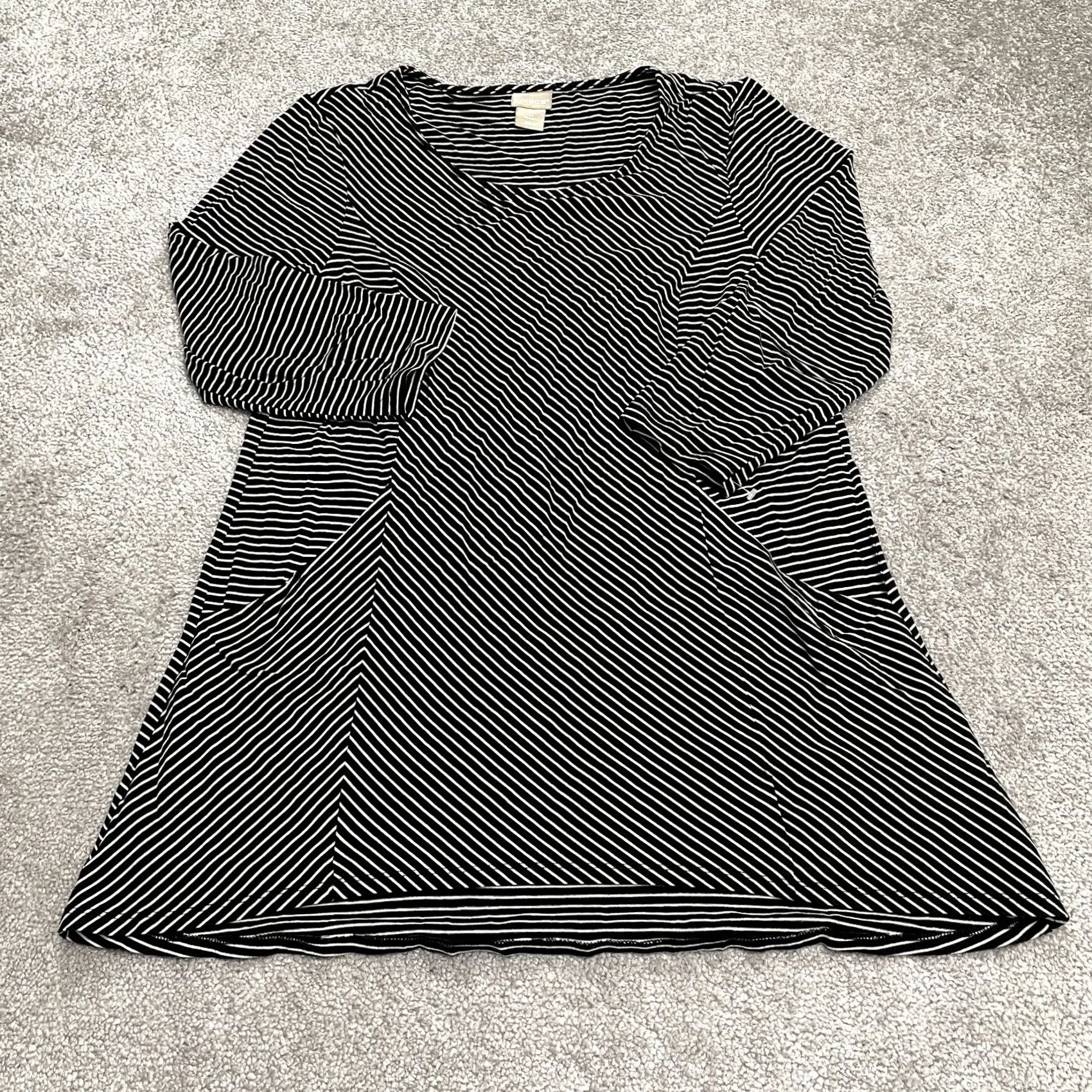 Vintage Chico's Shift T-Shirt Dress Womens 0 Black White Striped Long Sleeve Pockets Casual Shirt Dress Size XS / US 0-2 / IT 36-38 - 2 Thumbnail