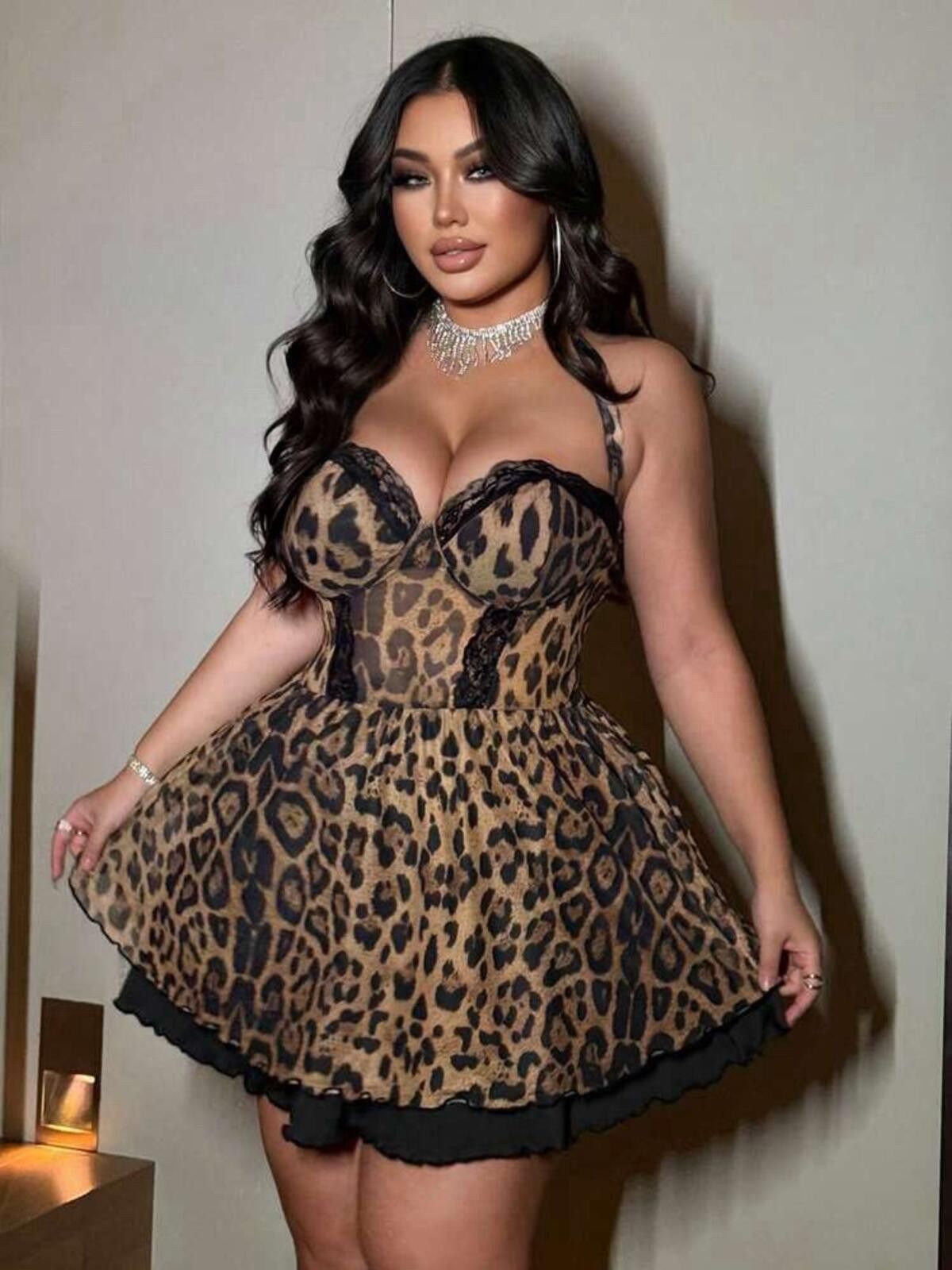The Unbranded Brand women Leopard Lace Patchwork A-Line Hem Mini Dress Size 1XL Size XL / US 12-14 / IT 48-50 - 1 Thumbnail