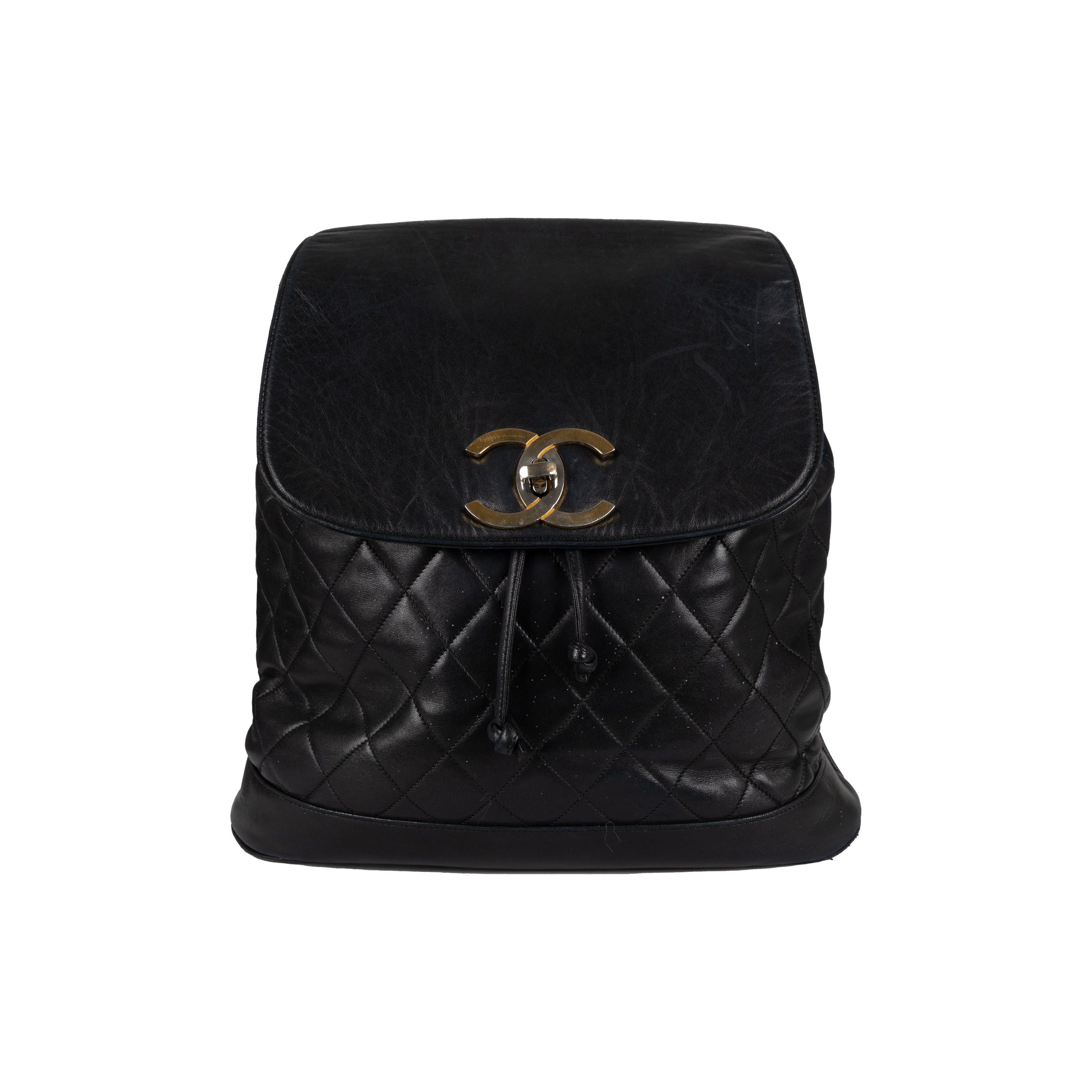 image of Chanel Chanel Vintage Quilted Lambskin Drawstring Backpack in Black, Women's