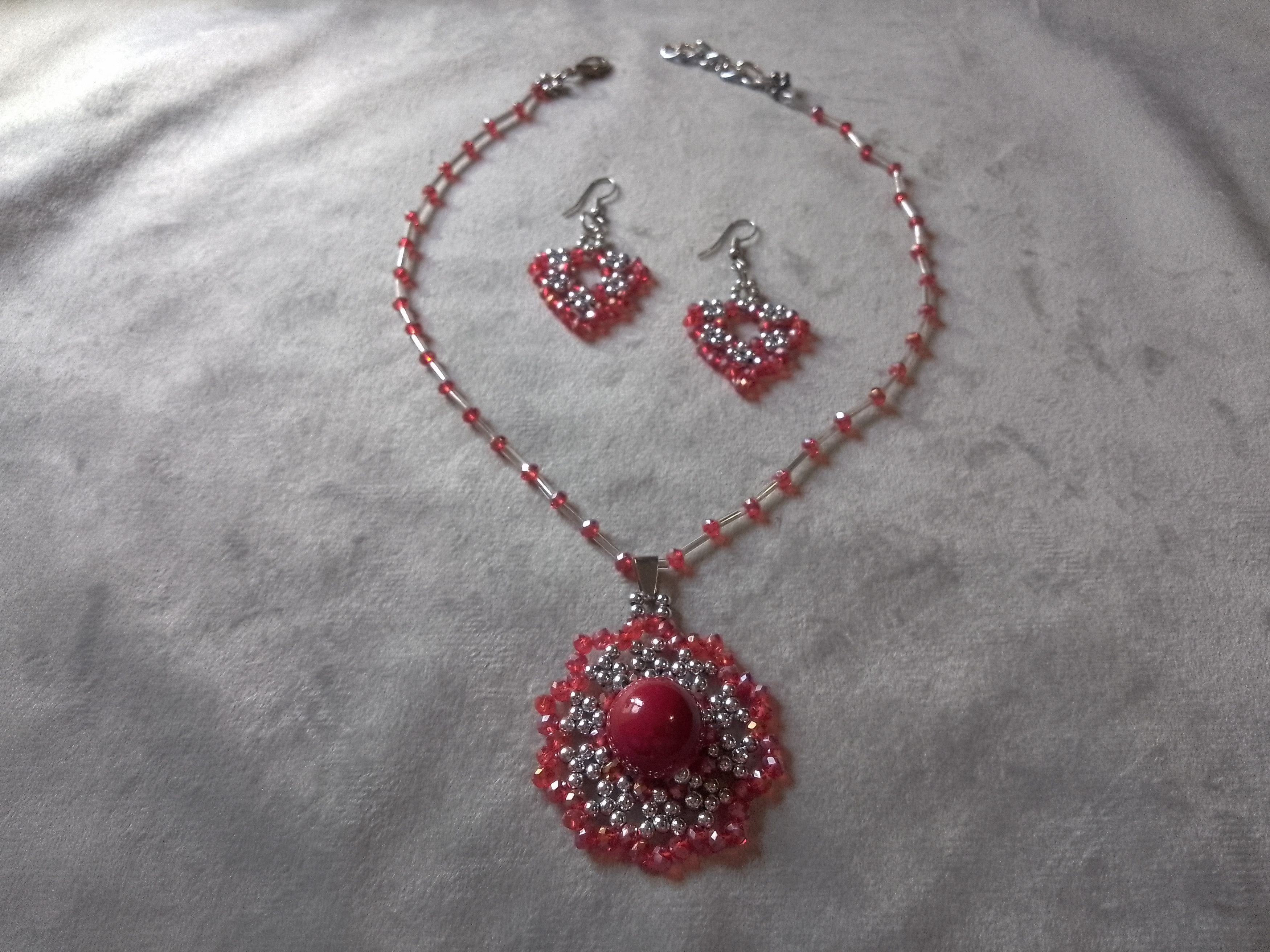 Handmade Necklace Mandala Pendant+ Earrings Red/Silver. Size ONE SIZE - 1 Thumbnail