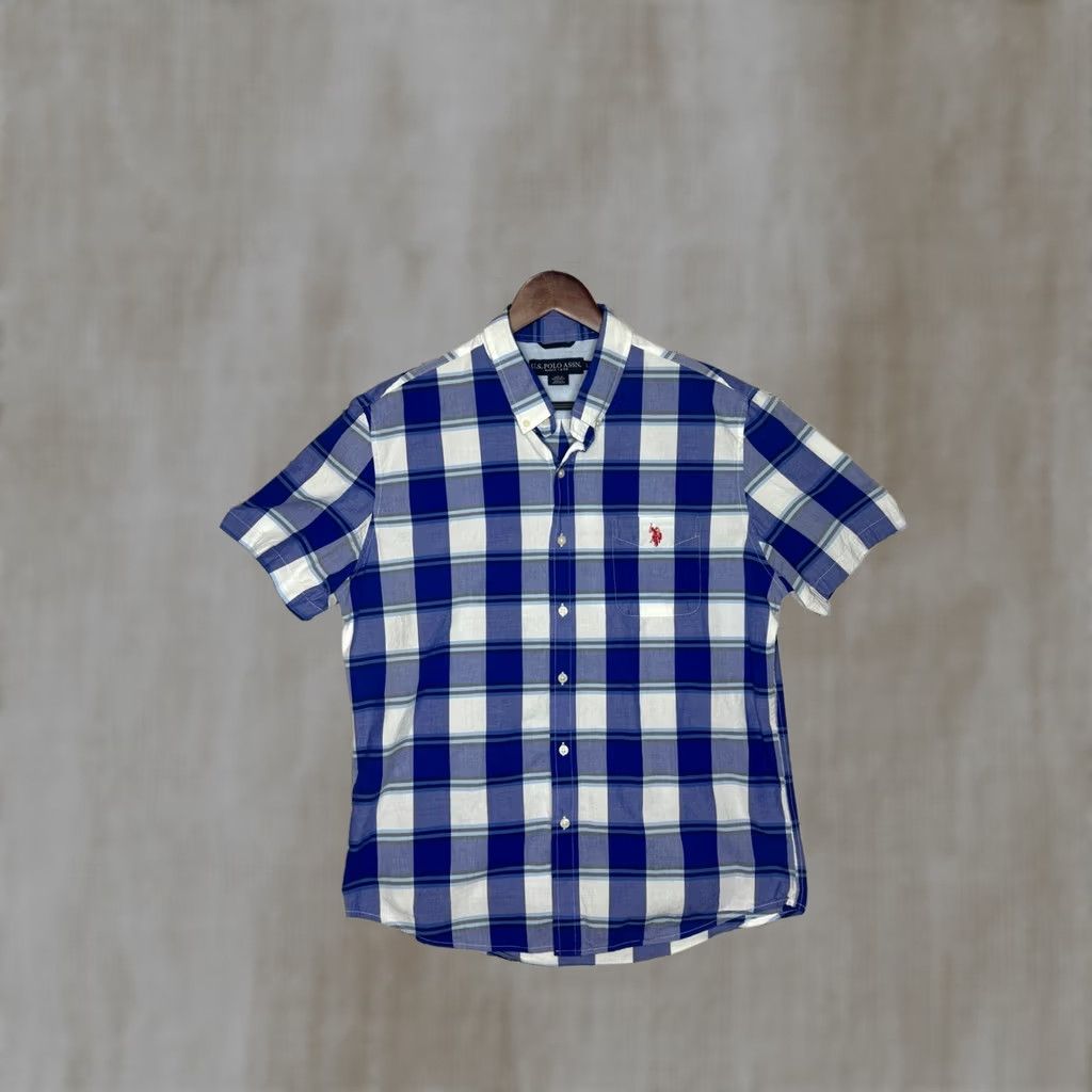U.S. Polo Assn. US Polo Assn Plaid Shirt Button-Down Short Sleeve Men L Blue Embroidered Pony Logo Casual Shirt Size US L / EU 52-54 / 3 - 1 Thumbnail
