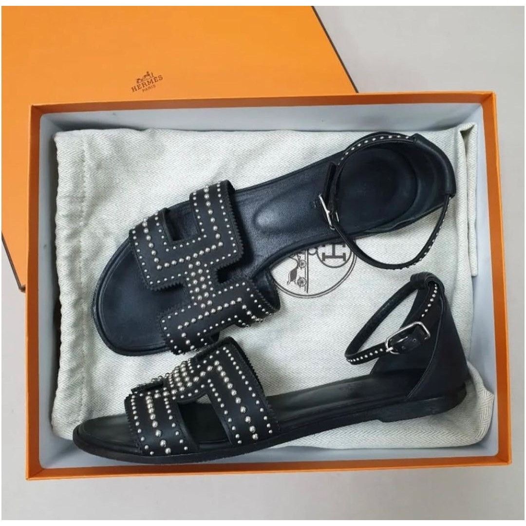 Hermes Hermes Black Leather Santorini Ankle Wrap Sandals Size 37 Size US 7 / IT 37 - 1 Thumbnail