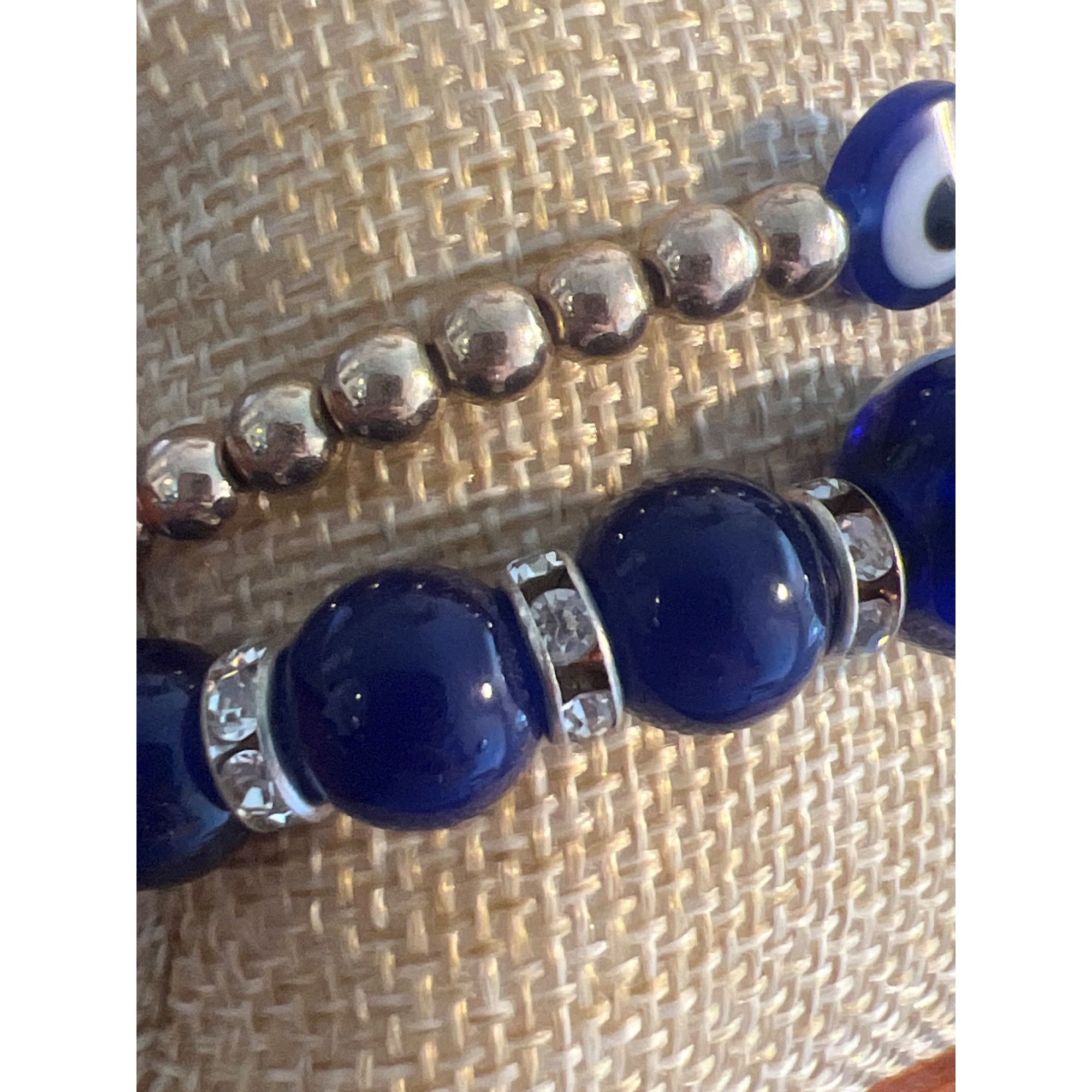 Other Set of 2 Evil Eye Beaded Bracelet Gold Tone Blue Glass Stret Size ONE SIZE - 3 Thumbnail