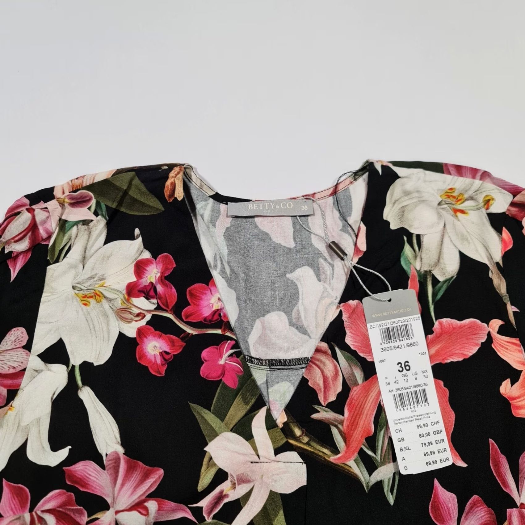 CO Betty & Co Blouse Black 10 UK Floral V-Neck 3/4 Sleeve Tunic Top Womens Size L / US 10 / IT 46 - 2 Thumbnail