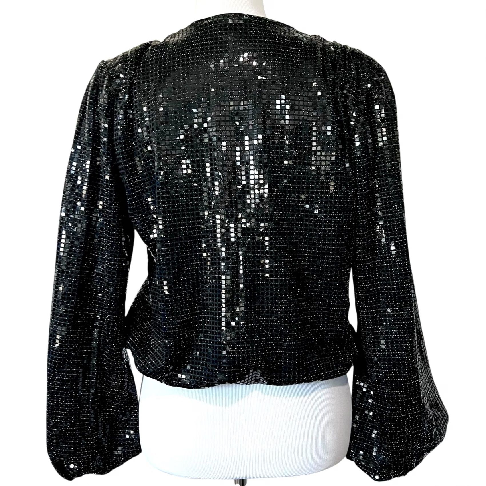 Vintage Womens Black Sequin Top Wrap Style V-Neck Long Balloon Sleeves Party Glam Sz M Size M / US 6-8 / IT 42-44 - 5 Thumbnail
