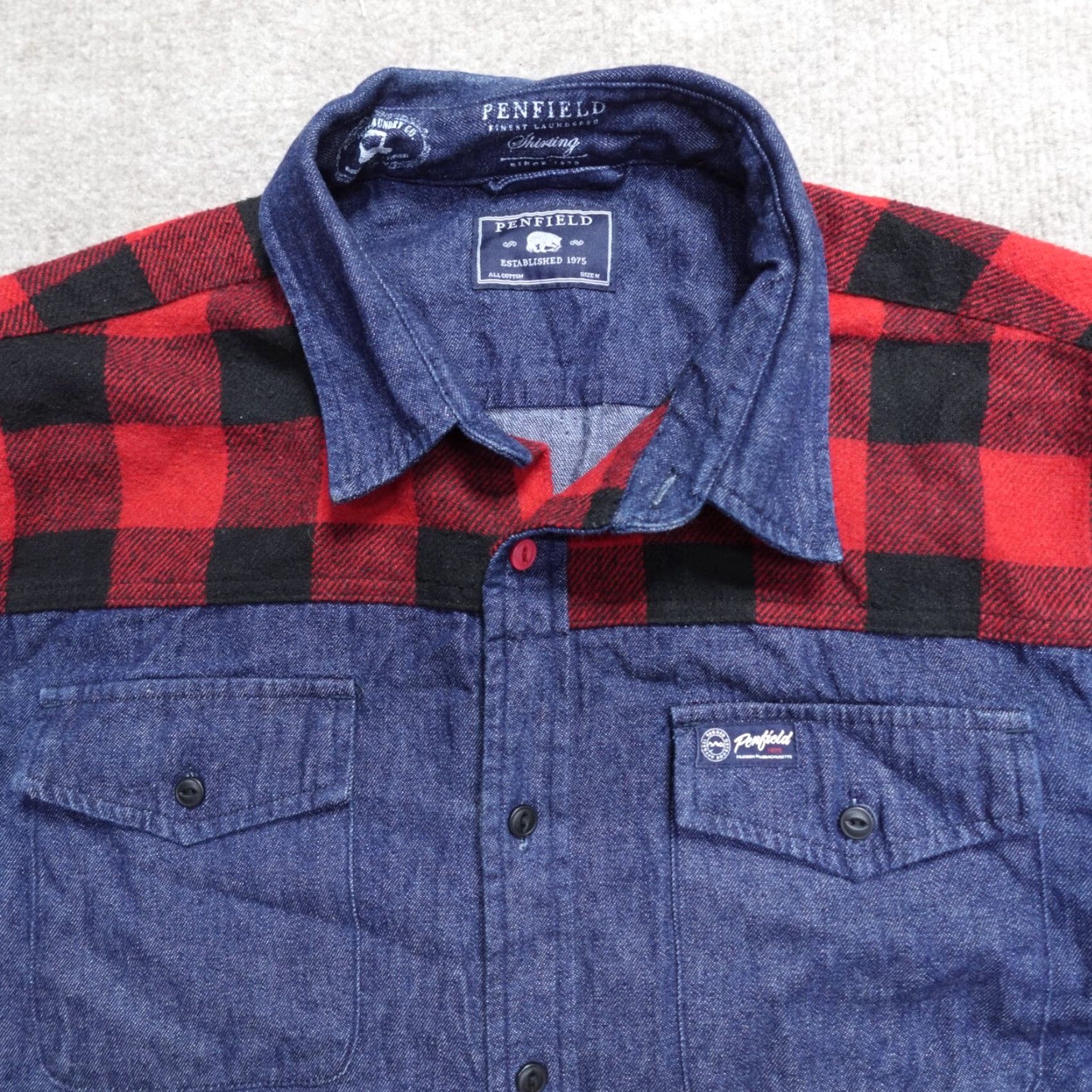 Penfield Penfield Shirt Denim Solid Button Down Buffalo Plaid Trim Blue Medium Regular Men Size US M / EU 48-50 / 2 - 2 Thumbnail