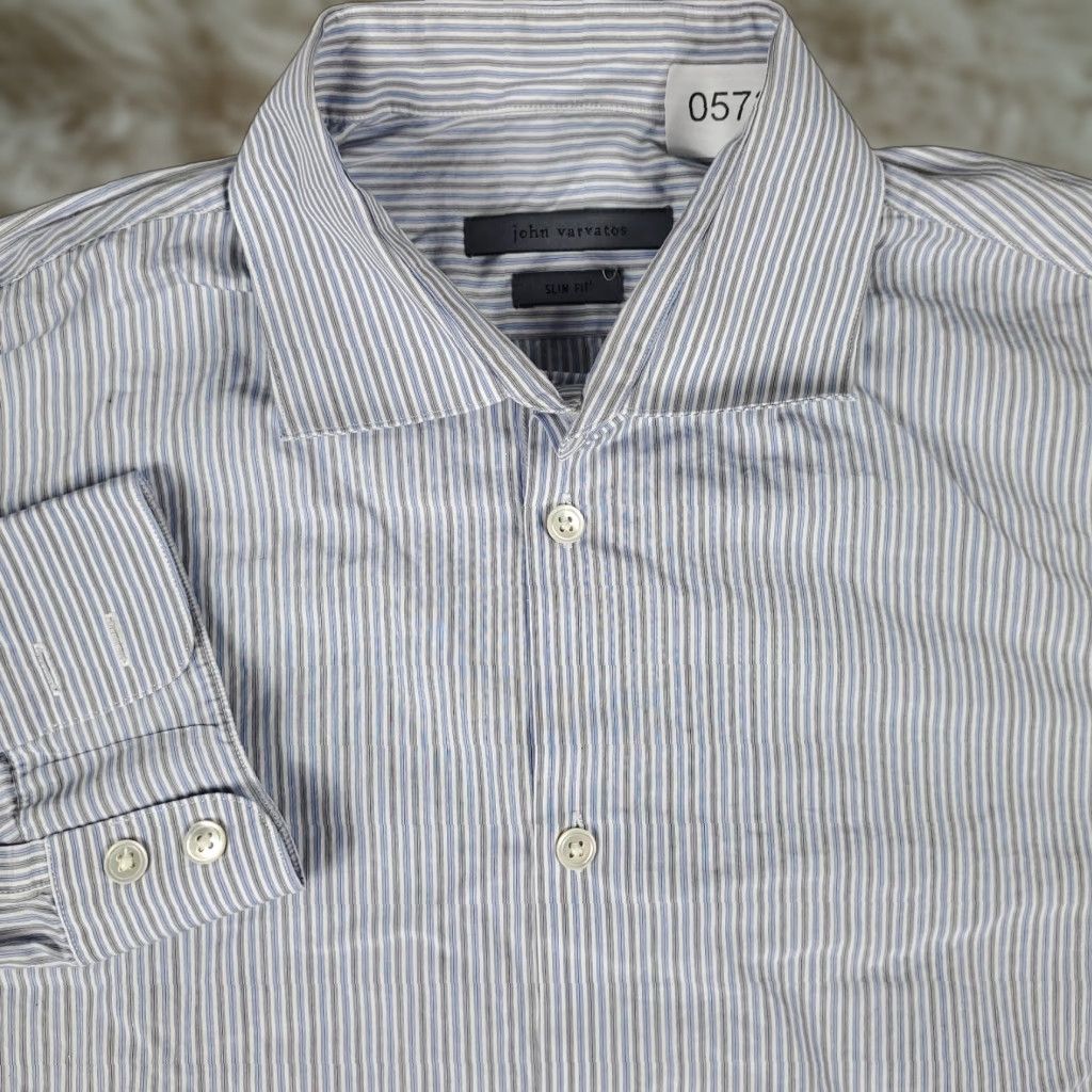 John Varvatos VINTAGE John Varvatos Shirt Mens Size 15.5 Gray Blue Striped Dress Button Up Long Sleeve Clothing Men’s 15.5 Blue Modern Classic Mens Size 40R - 1 Thumbnail