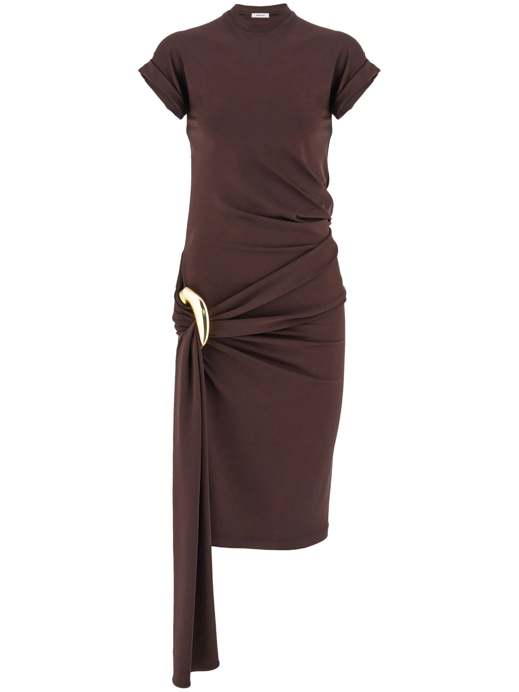 Salvatore Ferragamo o1s1rm0126 Gathered Jersey Dress in Brown Size L / US 10 / IT 46 - 1 Thumbnail