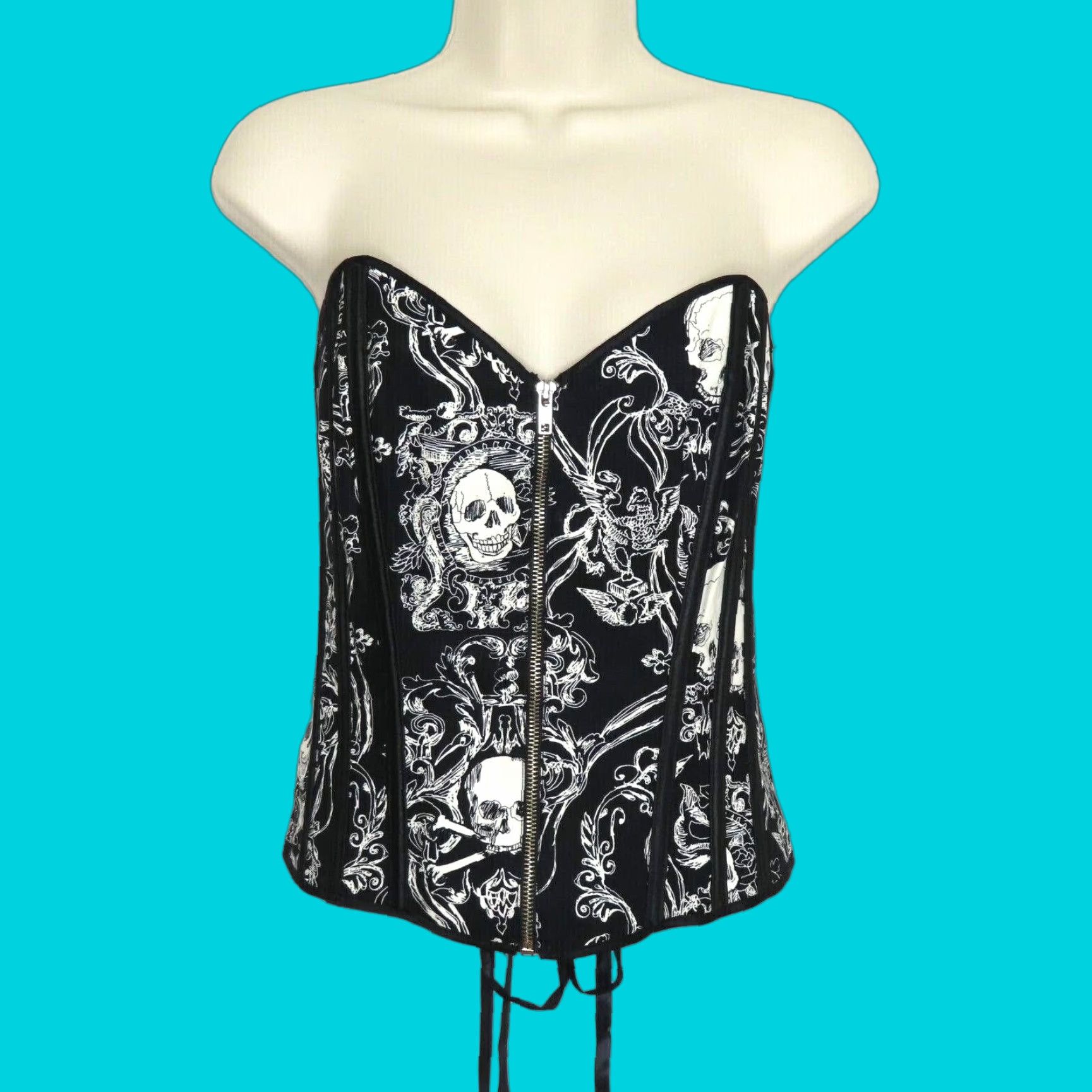 Vintage VINTAGE Shirley of Hollywood Skullduggery 36 Womens Skull Black Lace Up Corset Sexy Top Size XS / US 0-2 / IT 36-38 - 1 Thumbnail